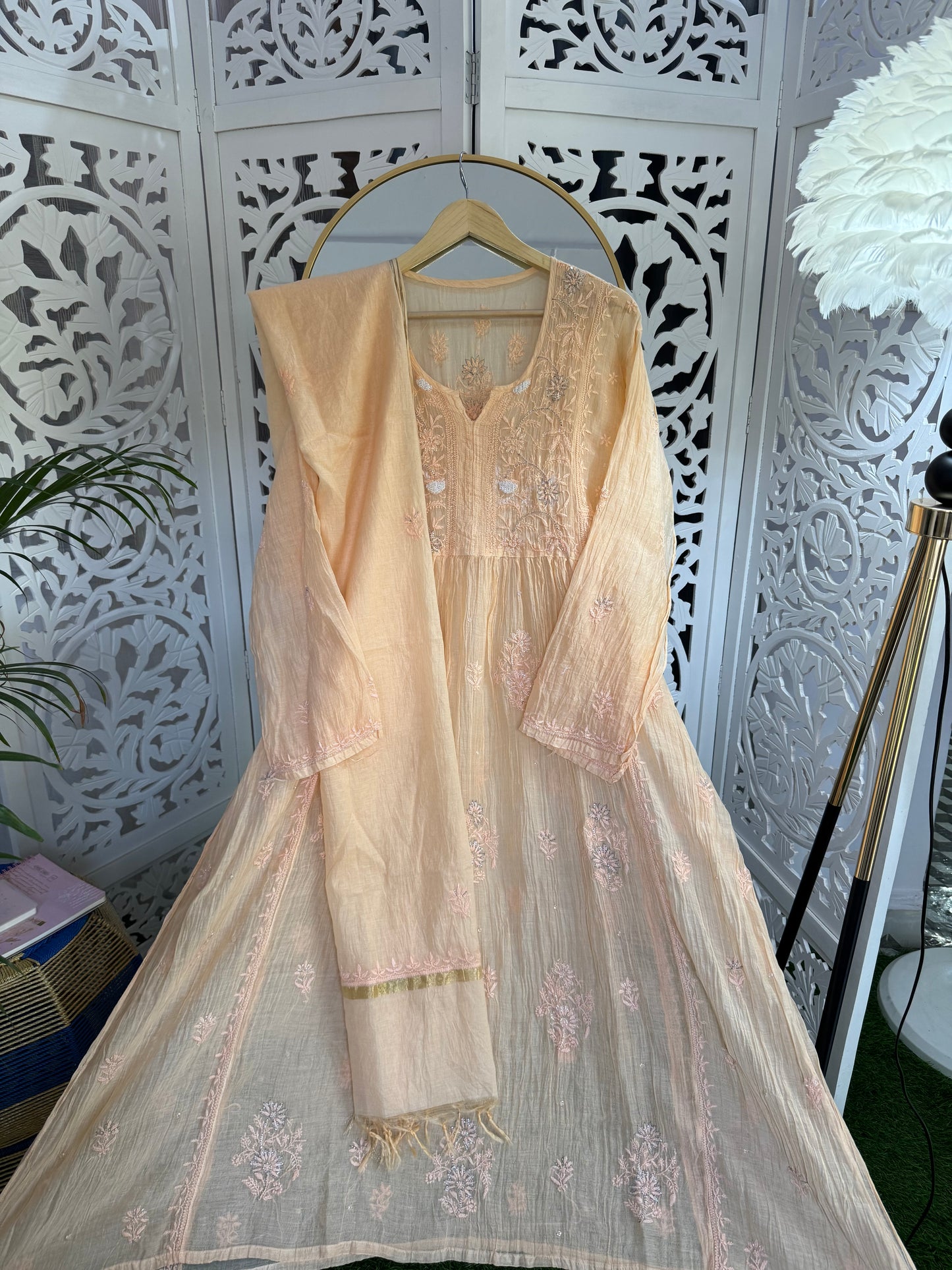 MUL CHANDERI A-LINE KURTA SET SEMI-STITCHED- PALE ORANGE