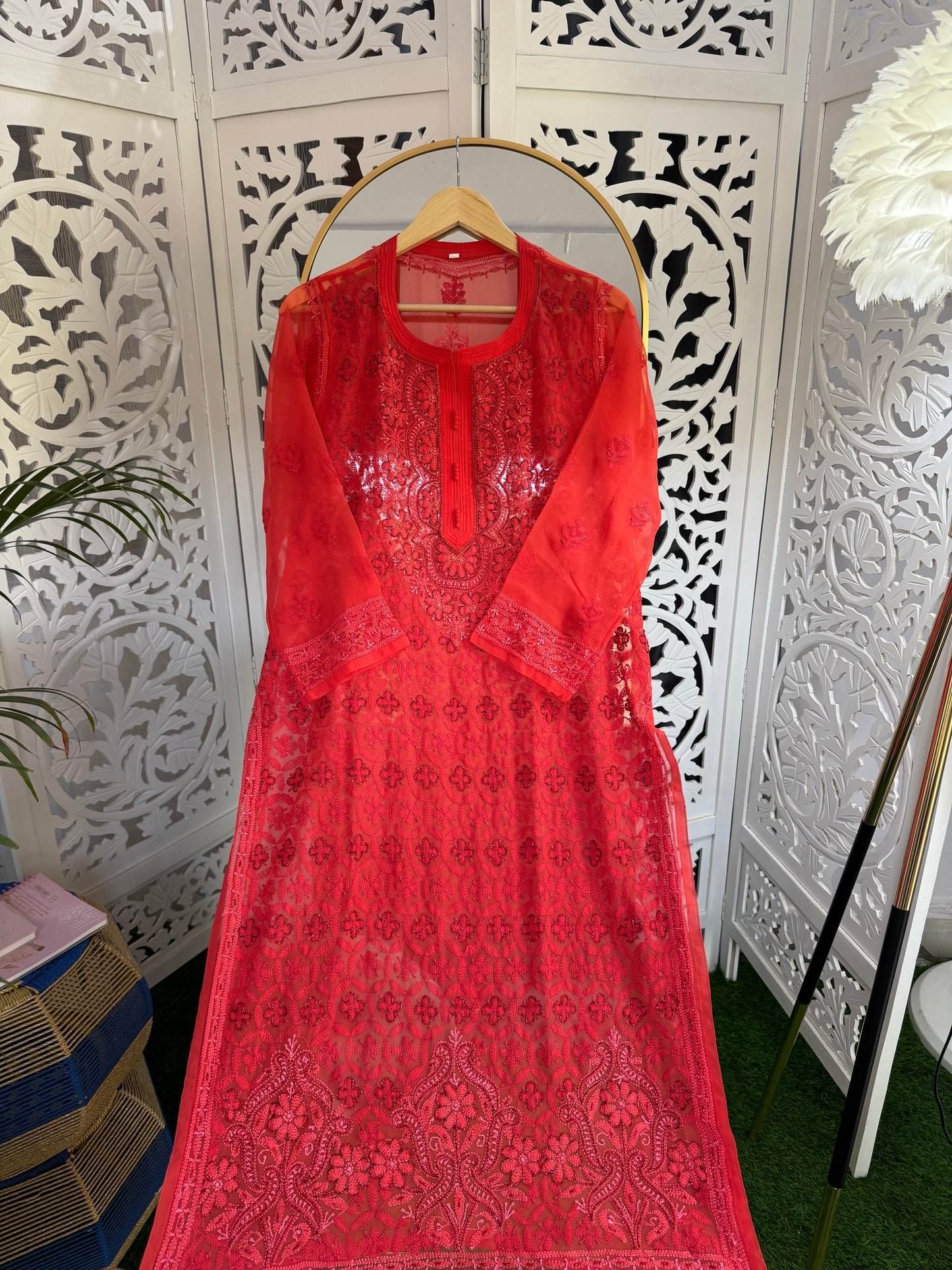 FAUX GEORGETTE ADD-ON RESHAM CHIKANKARI KURTA- RED