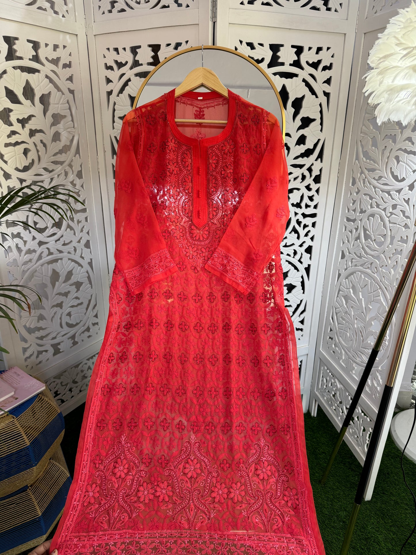 FAUX GEORGETTE ADD-ON RESHAM CHIKANKARI KURTA- RED