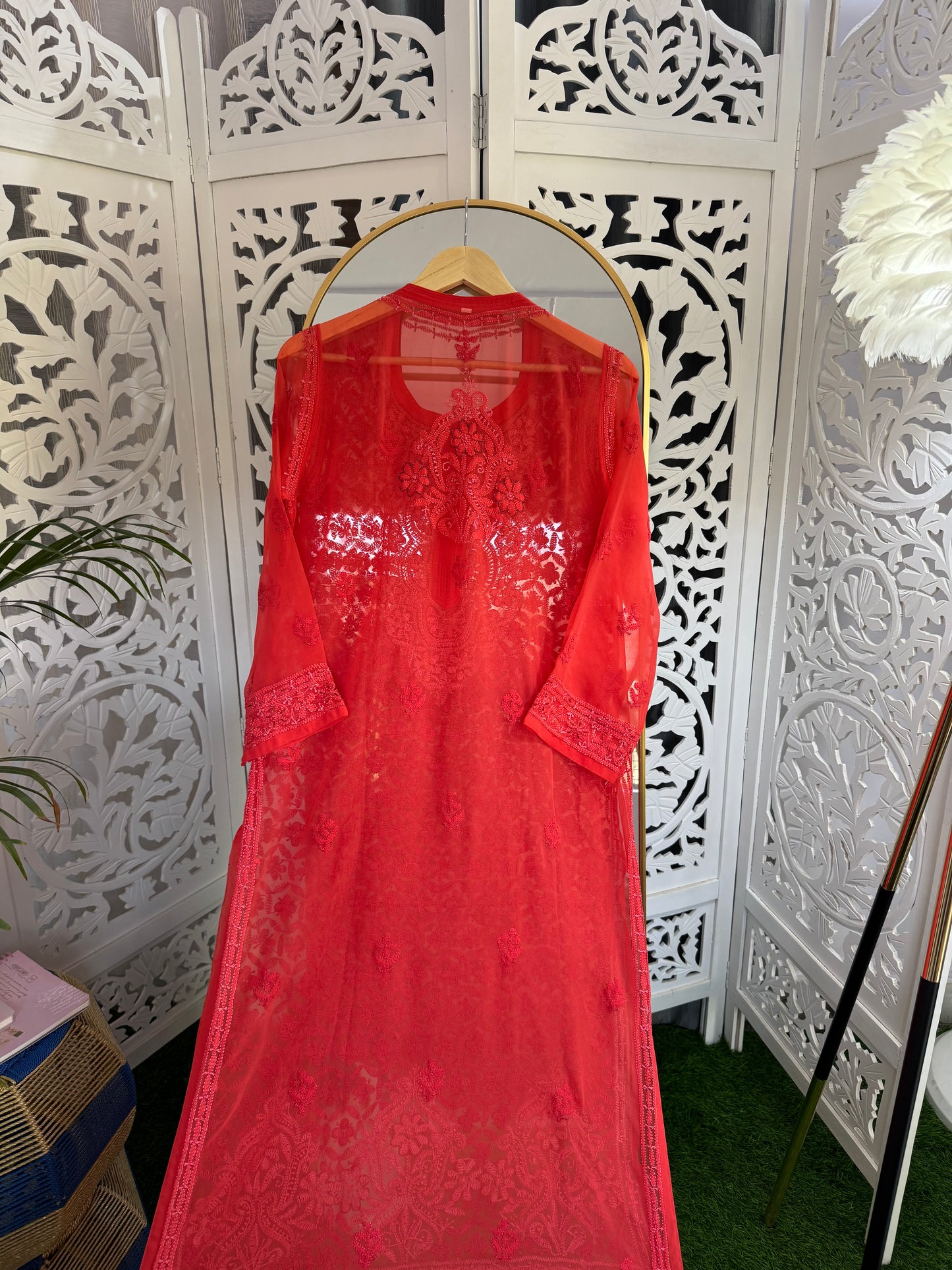 FAUX GEORGETTE ADD-ON RESHAM CHIKANKARI KURTA- RED