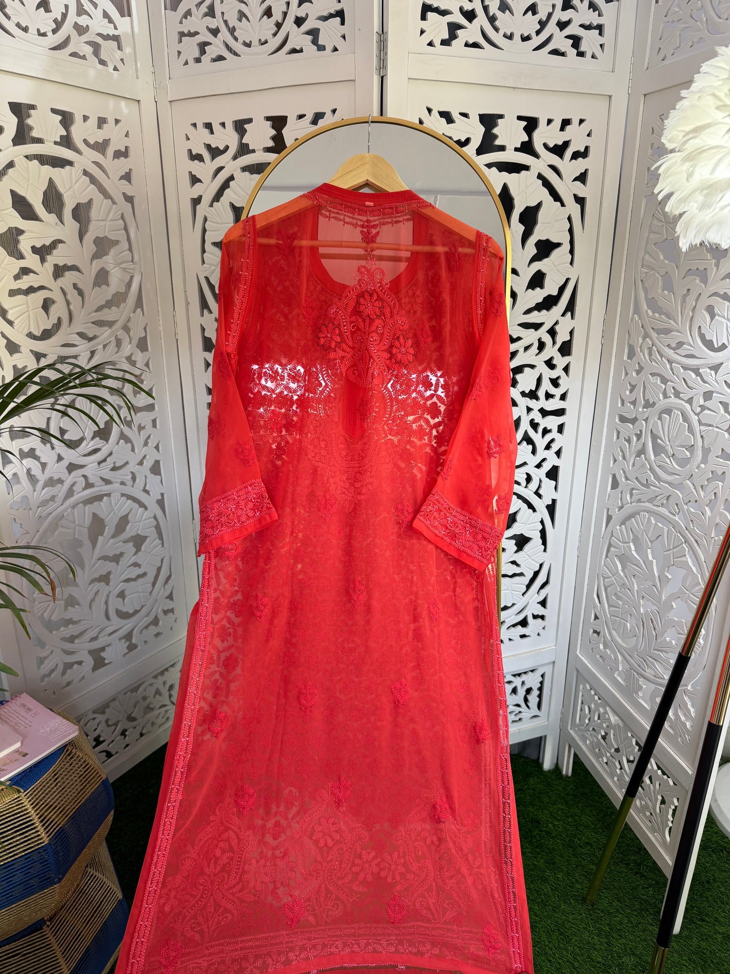 FAUX GEORGETTE ADD-ON RESHAM CHIKANKARI KURTA- RED