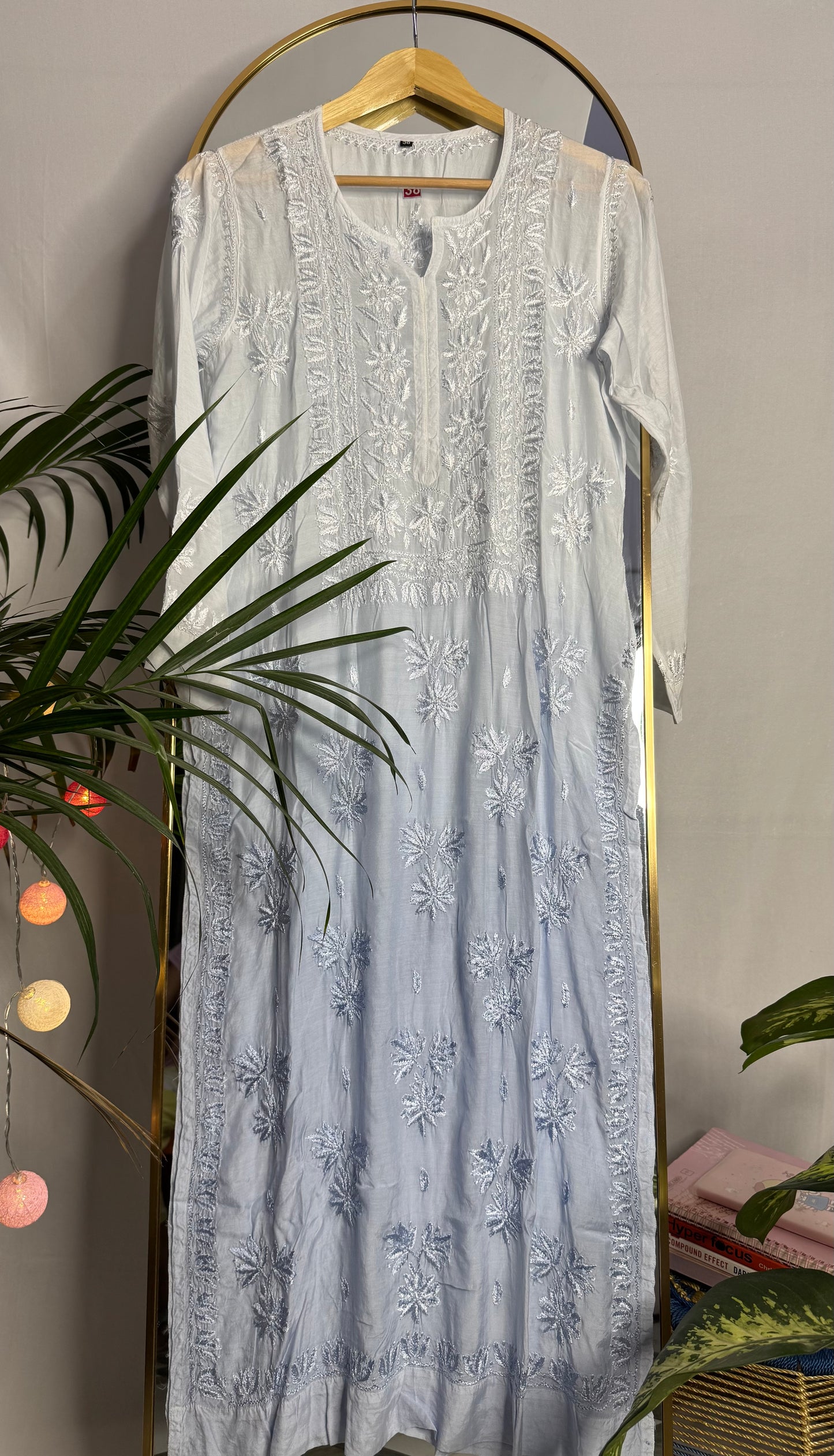 MUSLIN CHIKANKARI KURTA - LIGHT BLUE OMBRE