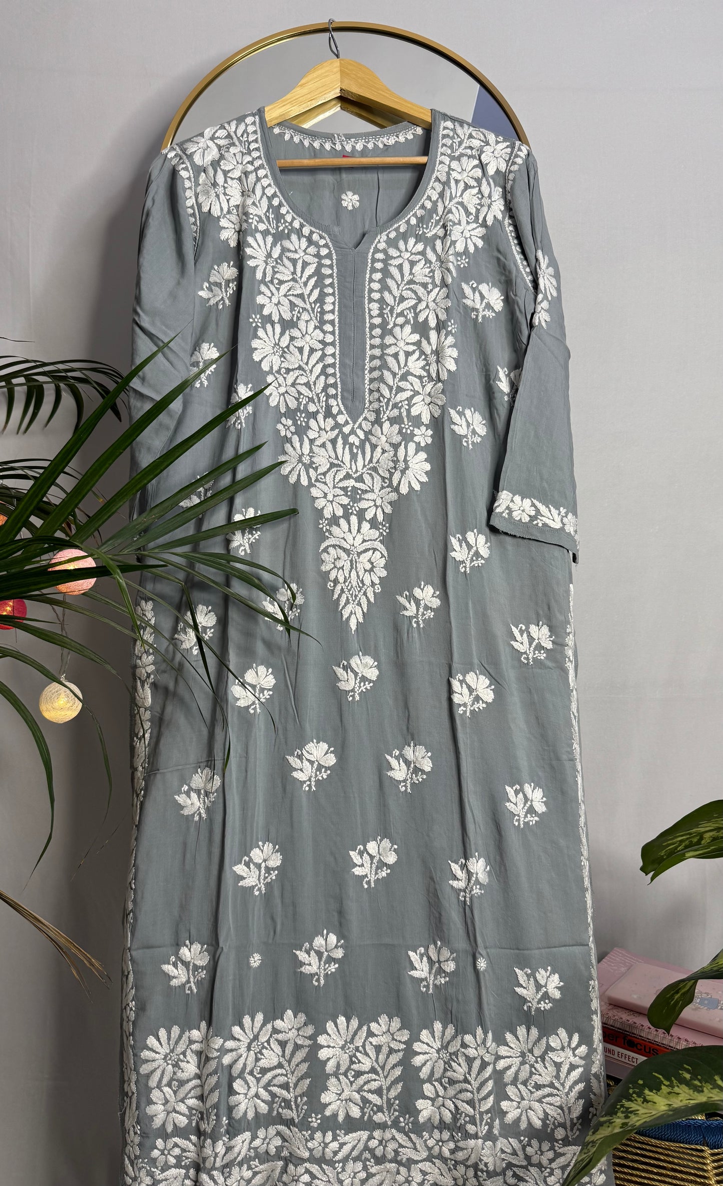 MODAL CHIKANKARI KURTA- GREY