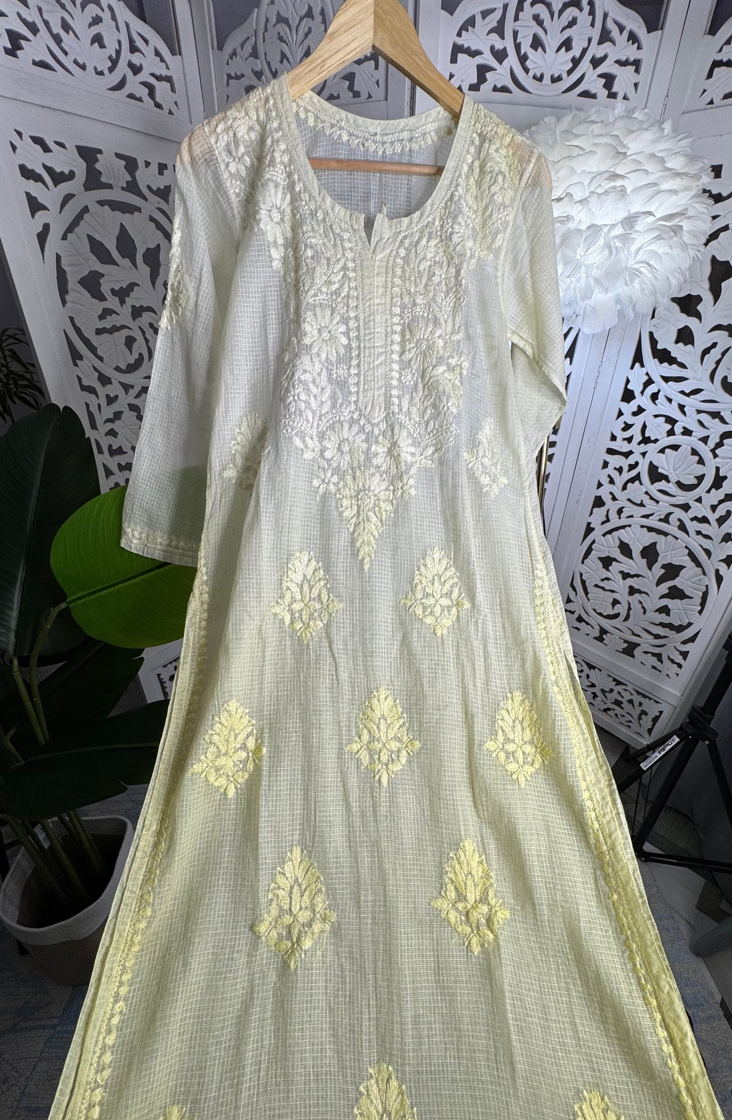 KOTA SOFT COTTON CHIKANKARI KURTA- PASTEL YELLOW OMBRE