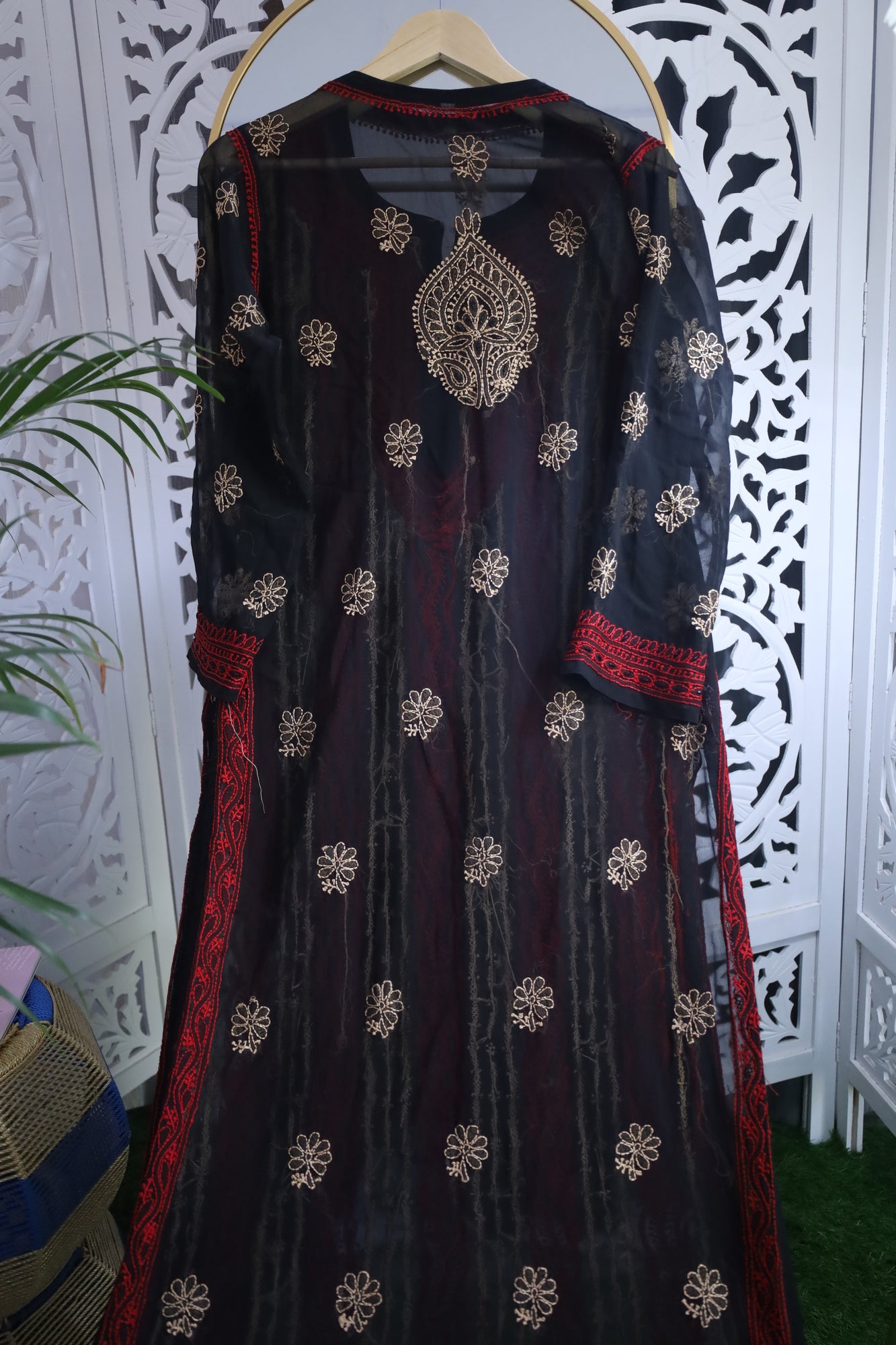 FAUX GEORGETTE ADD-ON RESHAM CHIKANKARI KURTA- BLACK