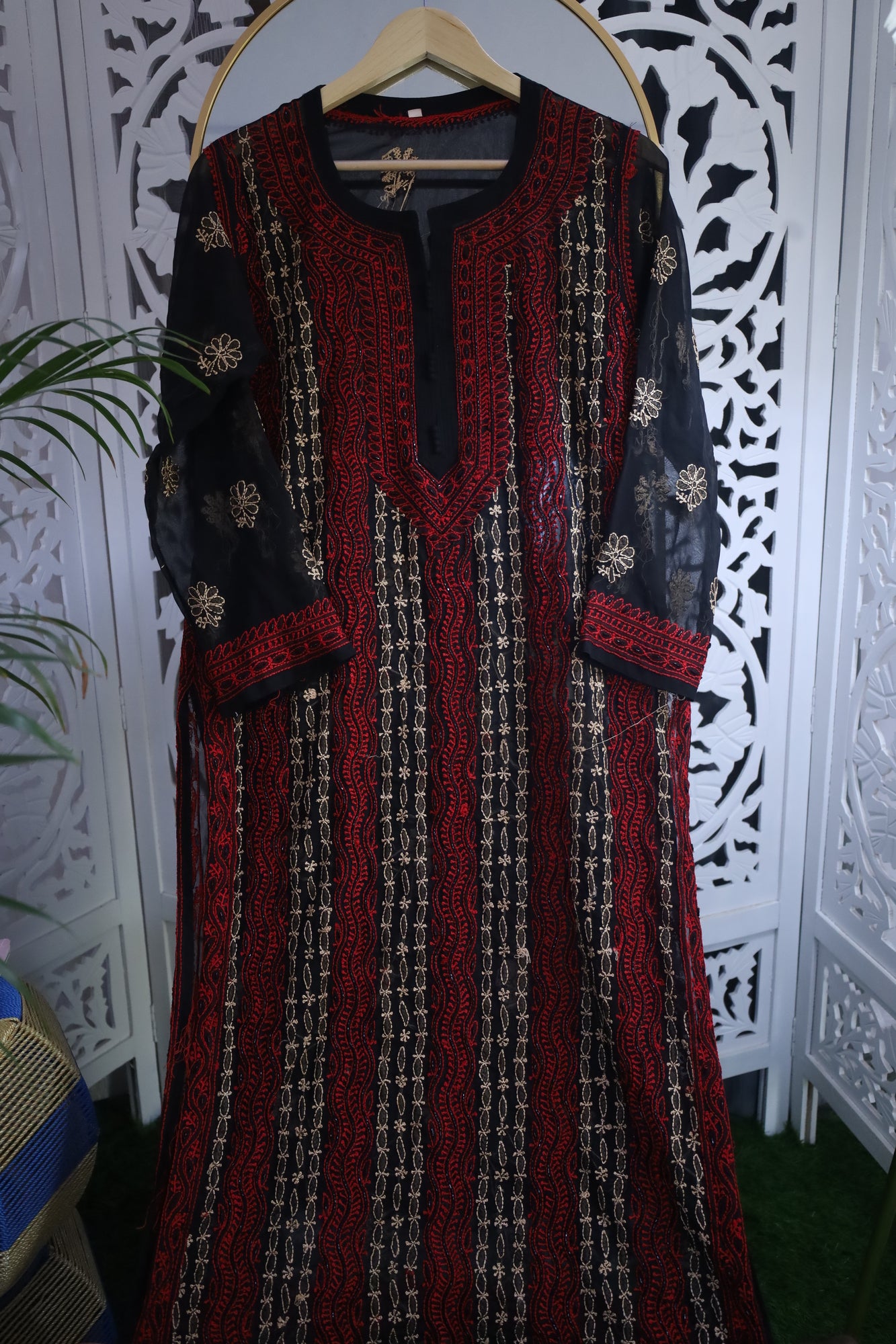 FAUX GEORGETTE ADD-ON RESHAM CHIKANKARI KURTA- BLACK