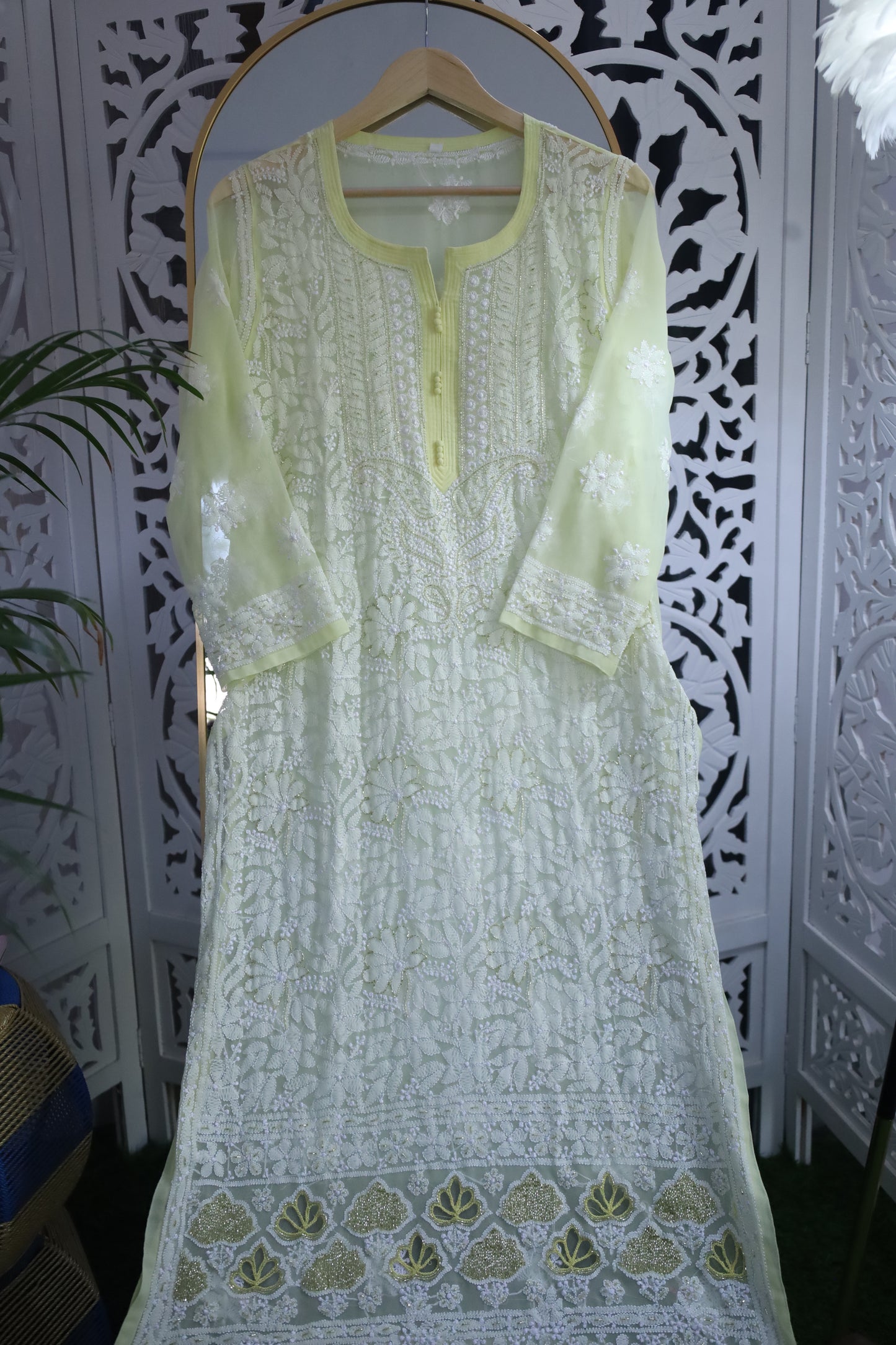 FAUX GEORGETTE ADD-ON RESHAM CHIKANKARI KURTA- LEMON YELLOW