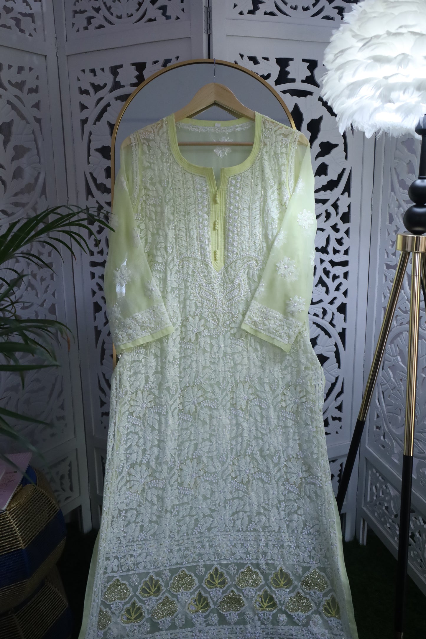 FAUX GEORGETTE ADD-ON RESHAM CHIKANKARI KURTA- LEMON YELLOW