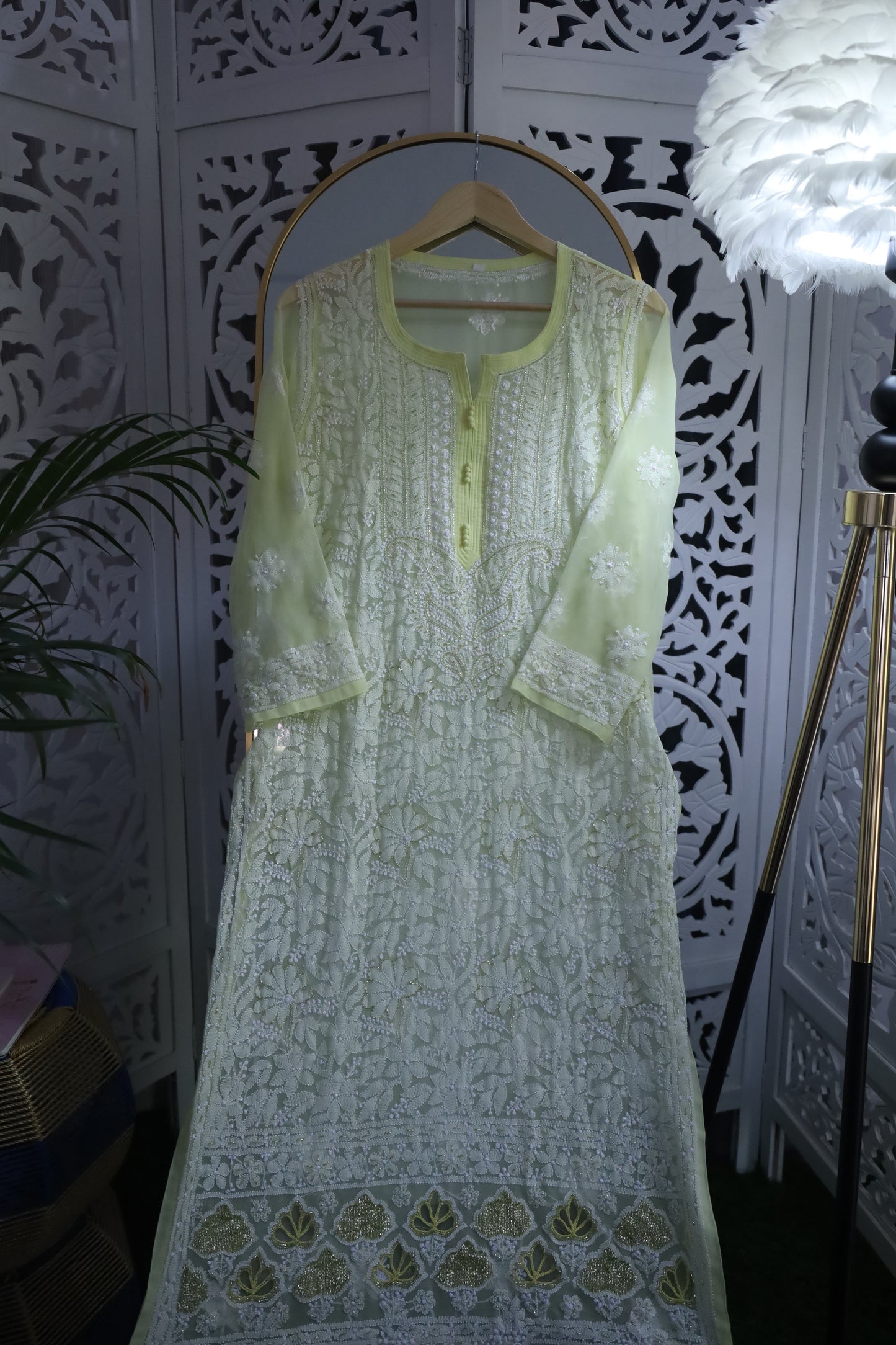 FAUX GEORGETTE ADD-ON RESHAM CHIKANKARI KURTA- LEMON YELLOW