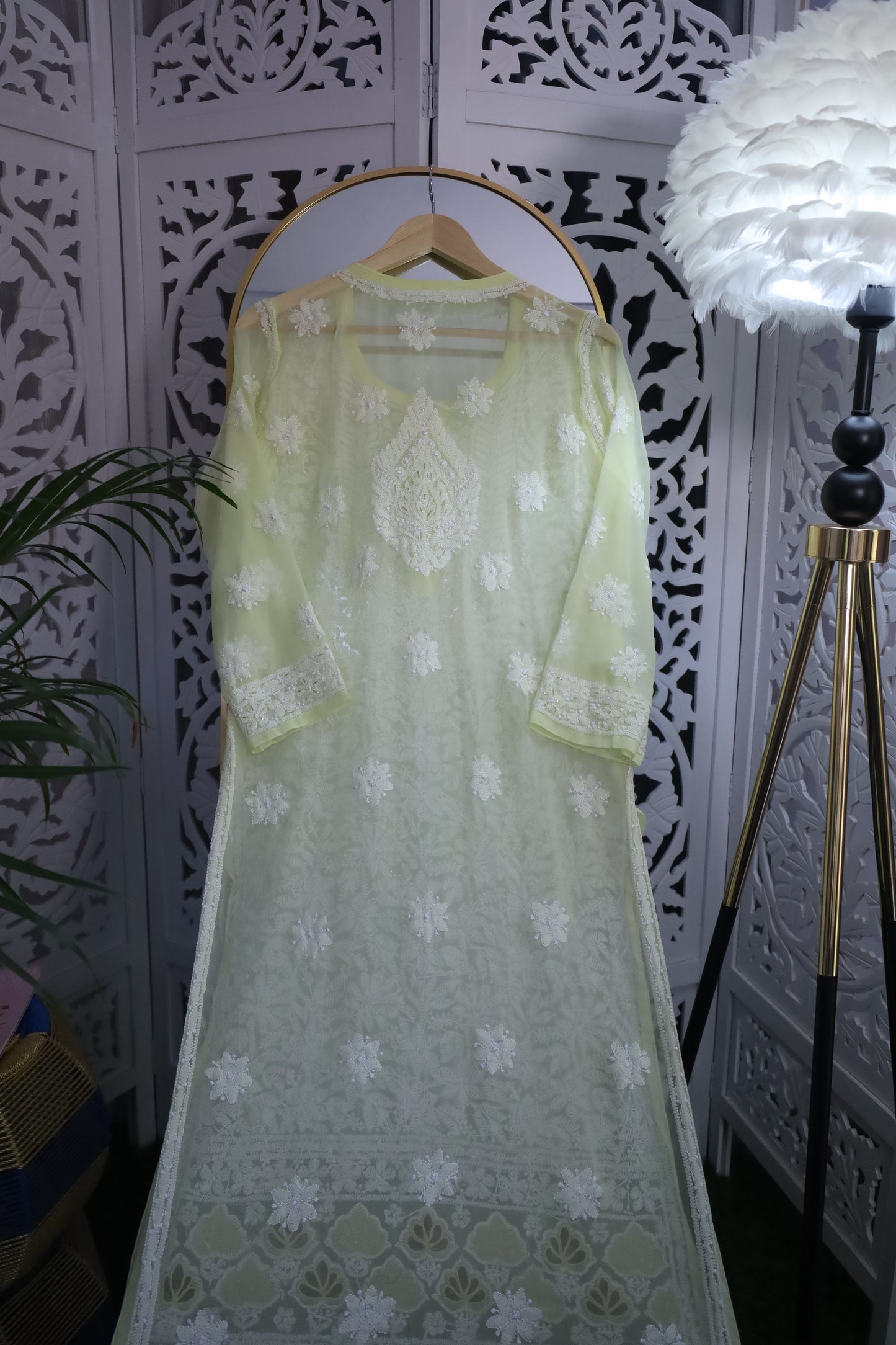 FAUX GEORGETTE ADD-ON RESHAM CHIKANKARI KURTA- LEMON YELLOW