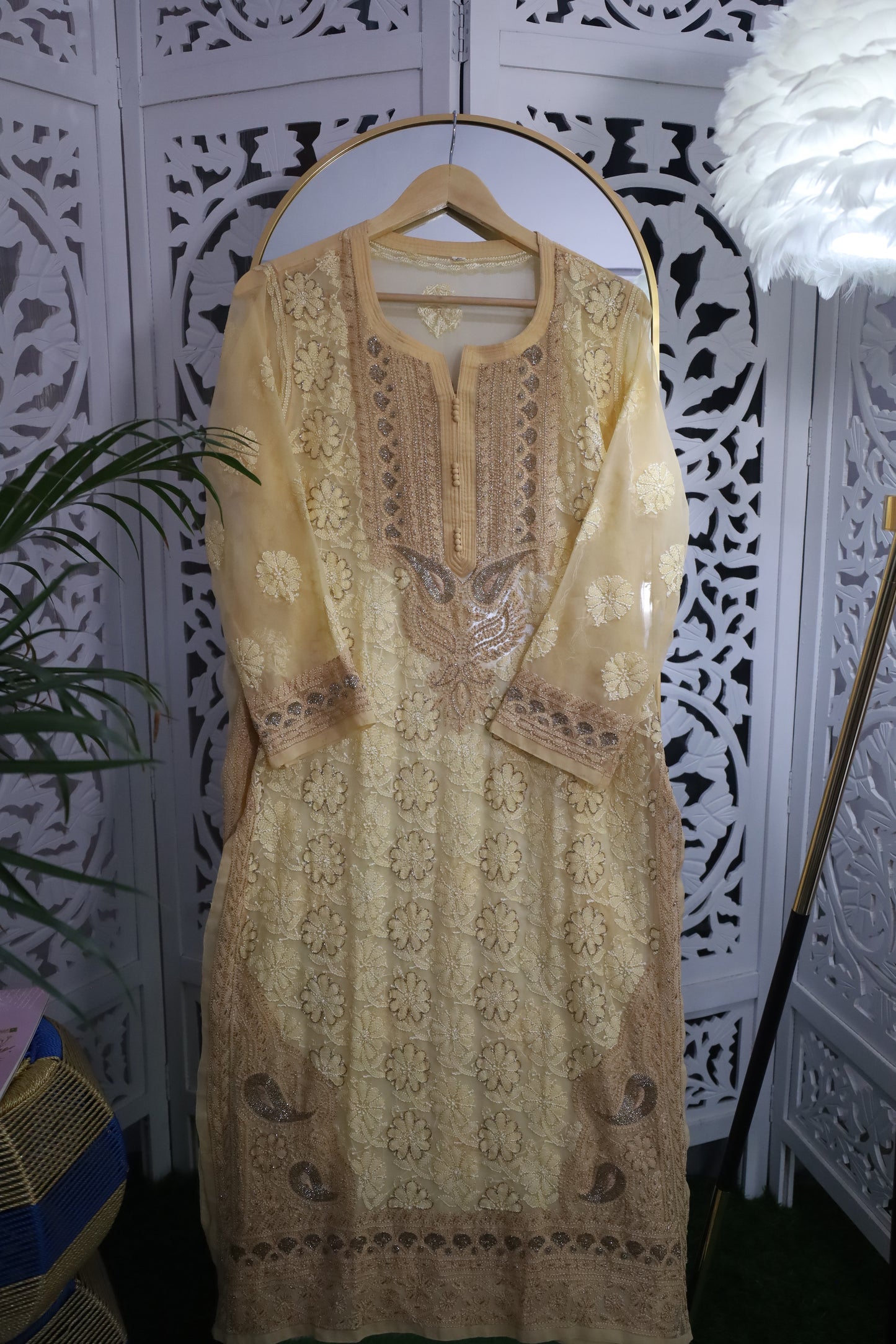 FAUX GEORGETTE ADD-ON RESHAM CHIKANKARI KURTA- WHEAT BEIGE
