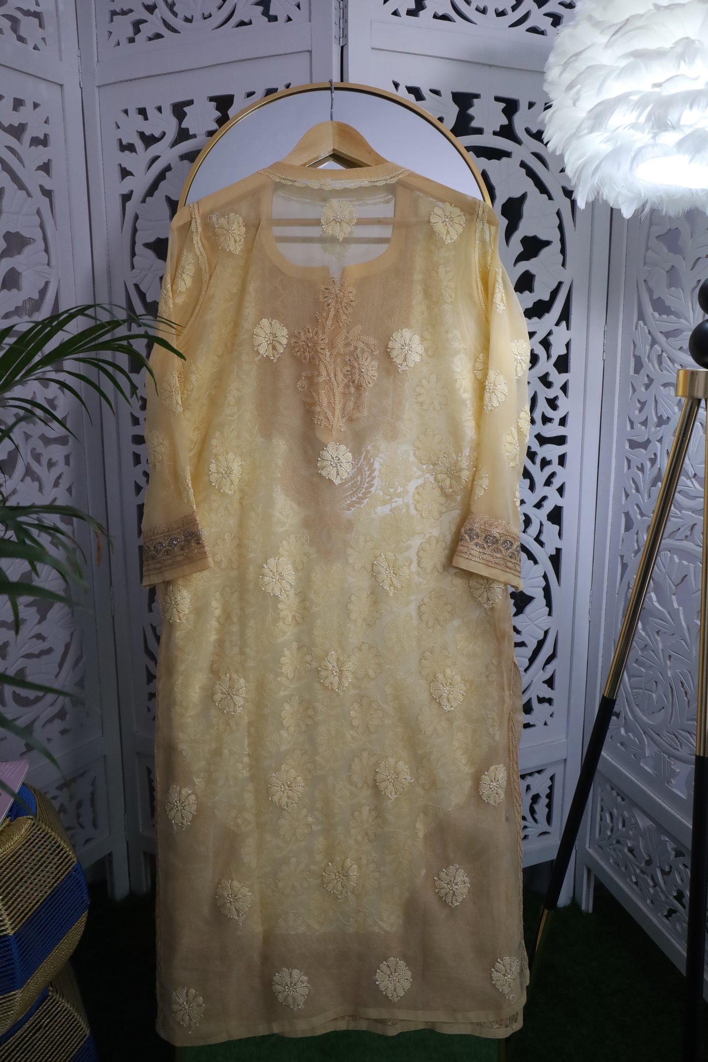 FAUX GEORGETTE ADD-ON RESHAM CHIKANKARI KURTA- WHEAT BEIGE