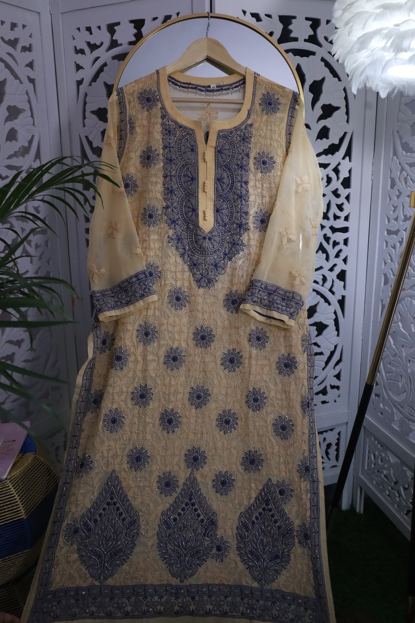 FAUX GEORGETTE ADD-ON RESHAM CHIKANKARI KURTA- MOCASSIN BEIGE