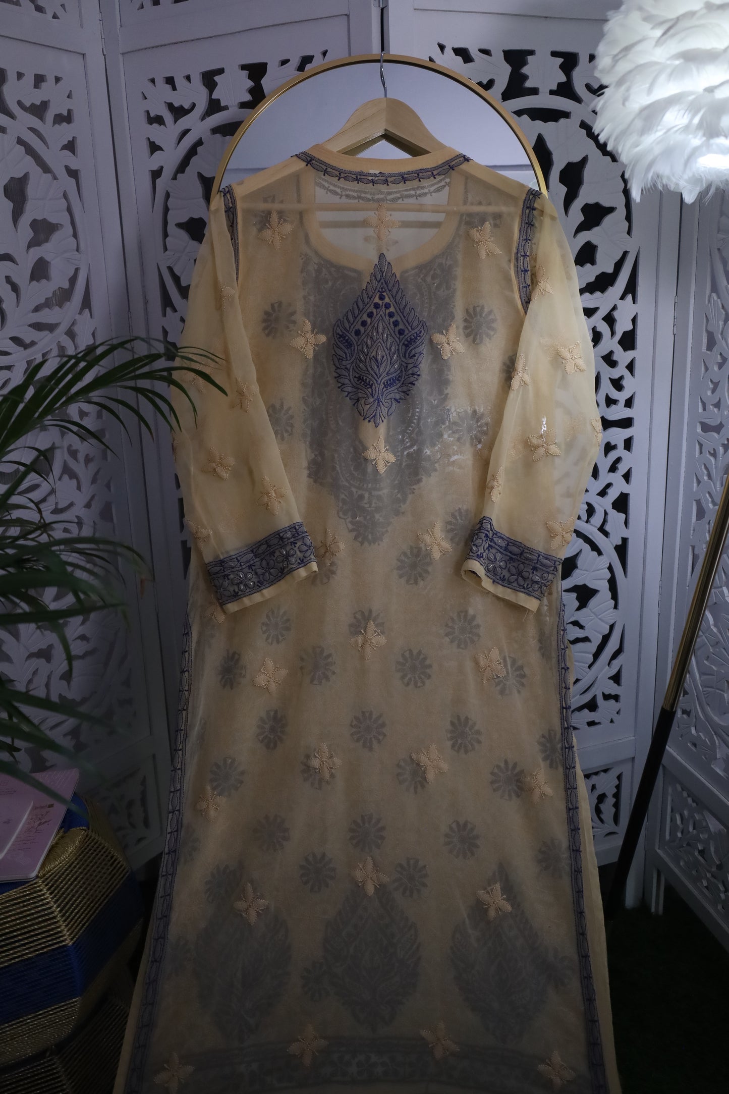FAUX GEORGETTE ADD-ON RESHAM CHIKANKARI KURTA- MOCASSIN BEIGE