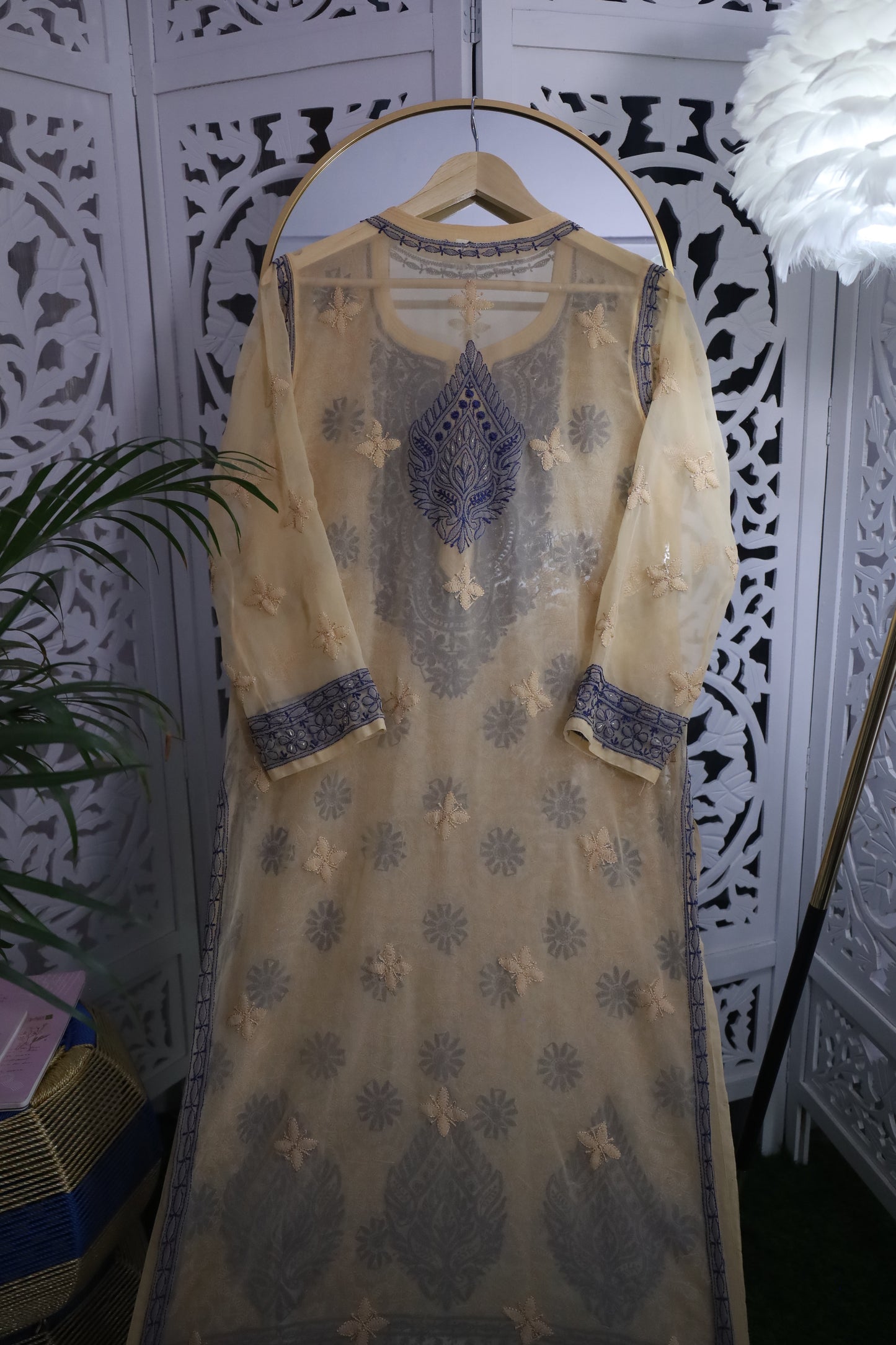 FAUX GEORGETTE ADD-ON RESHAM CHIKANKARI KURTA- MOCASSIN BEIGE