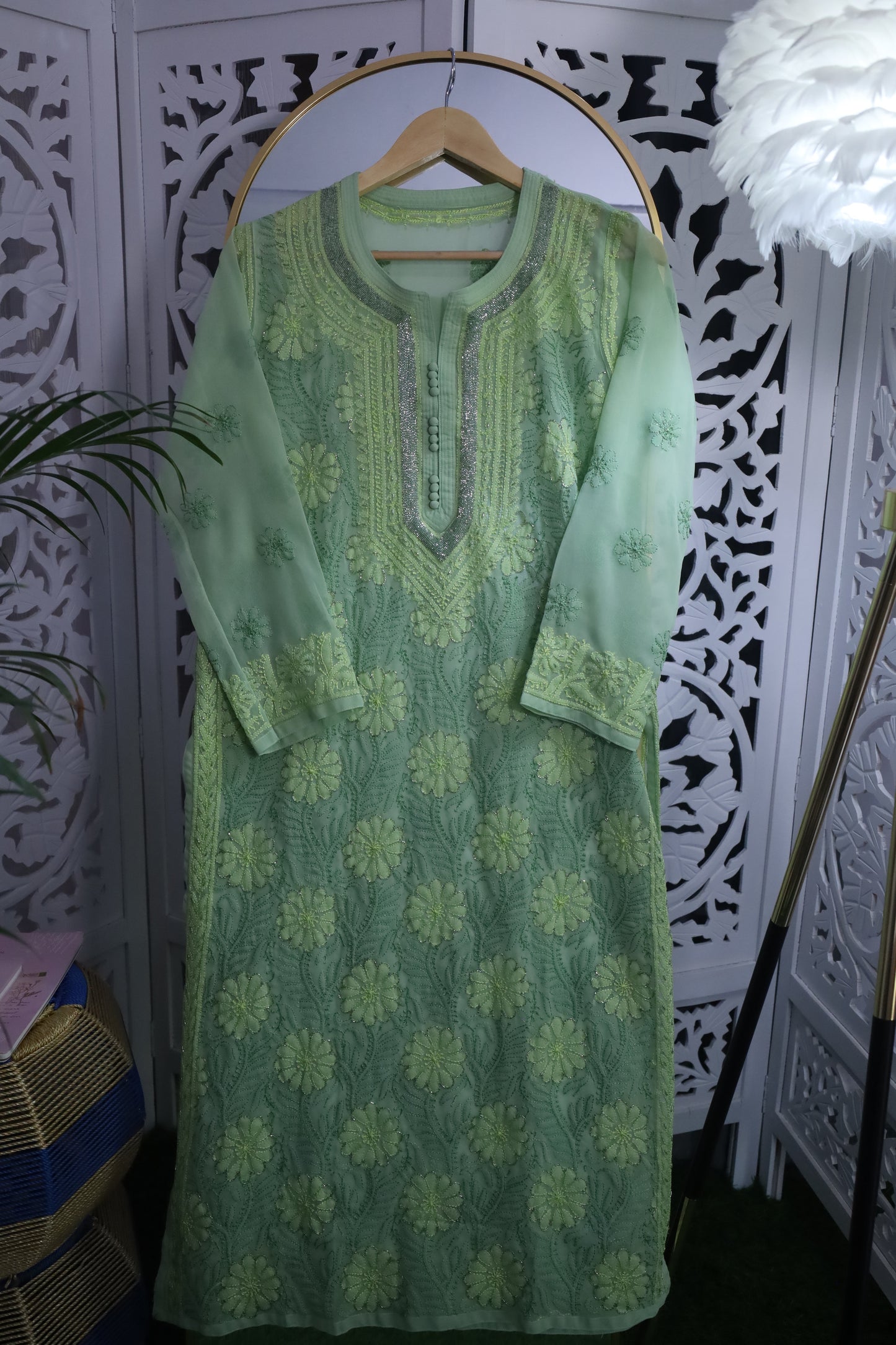 FAUX GEORGETTE ADD-ON RESHAM CHIKANKARI KURTA- PASTEL GREEN