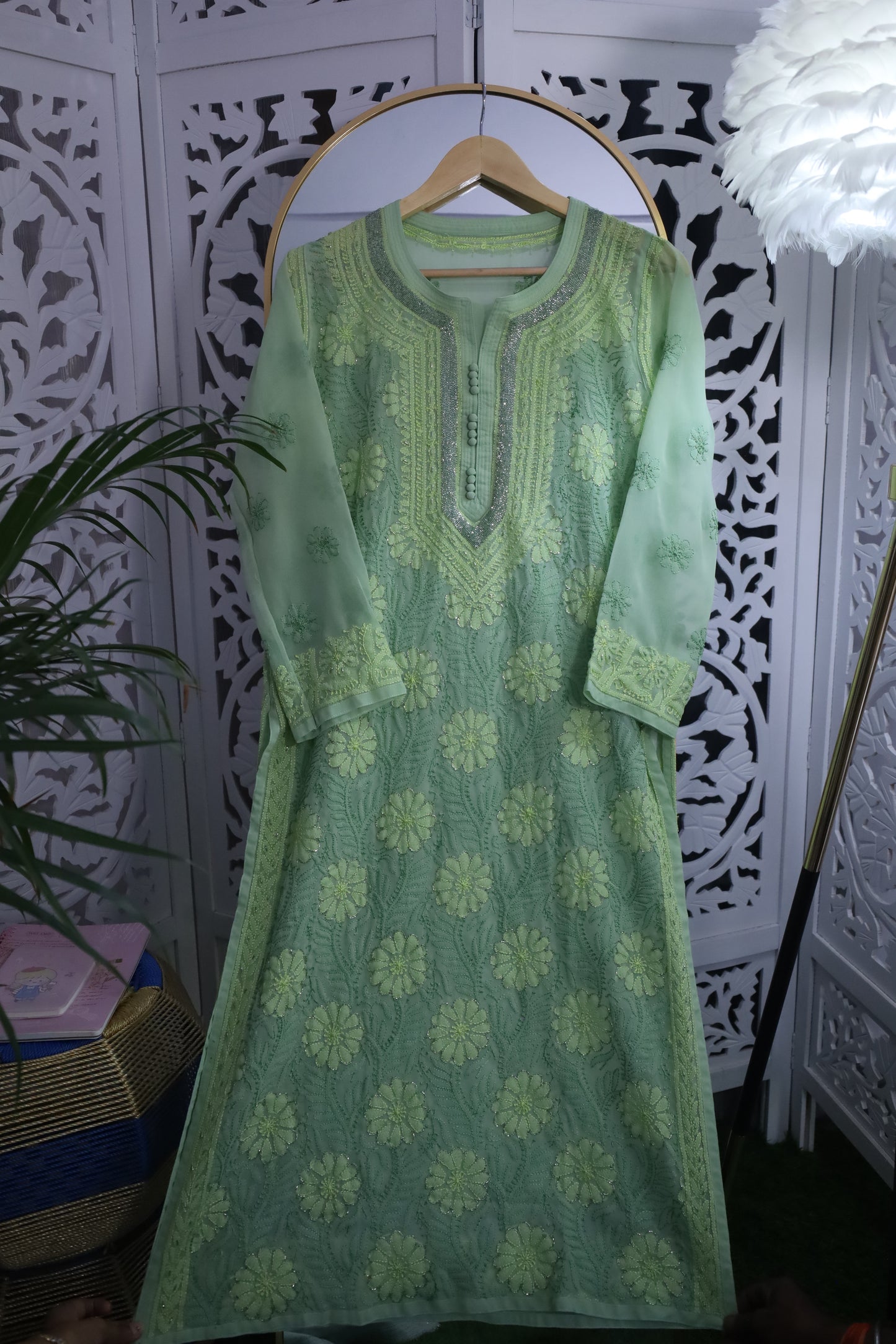 FAUX GEORGETTE ADD-ON RESHAM CHIKANKARI KURTA- PASTEL GREEN