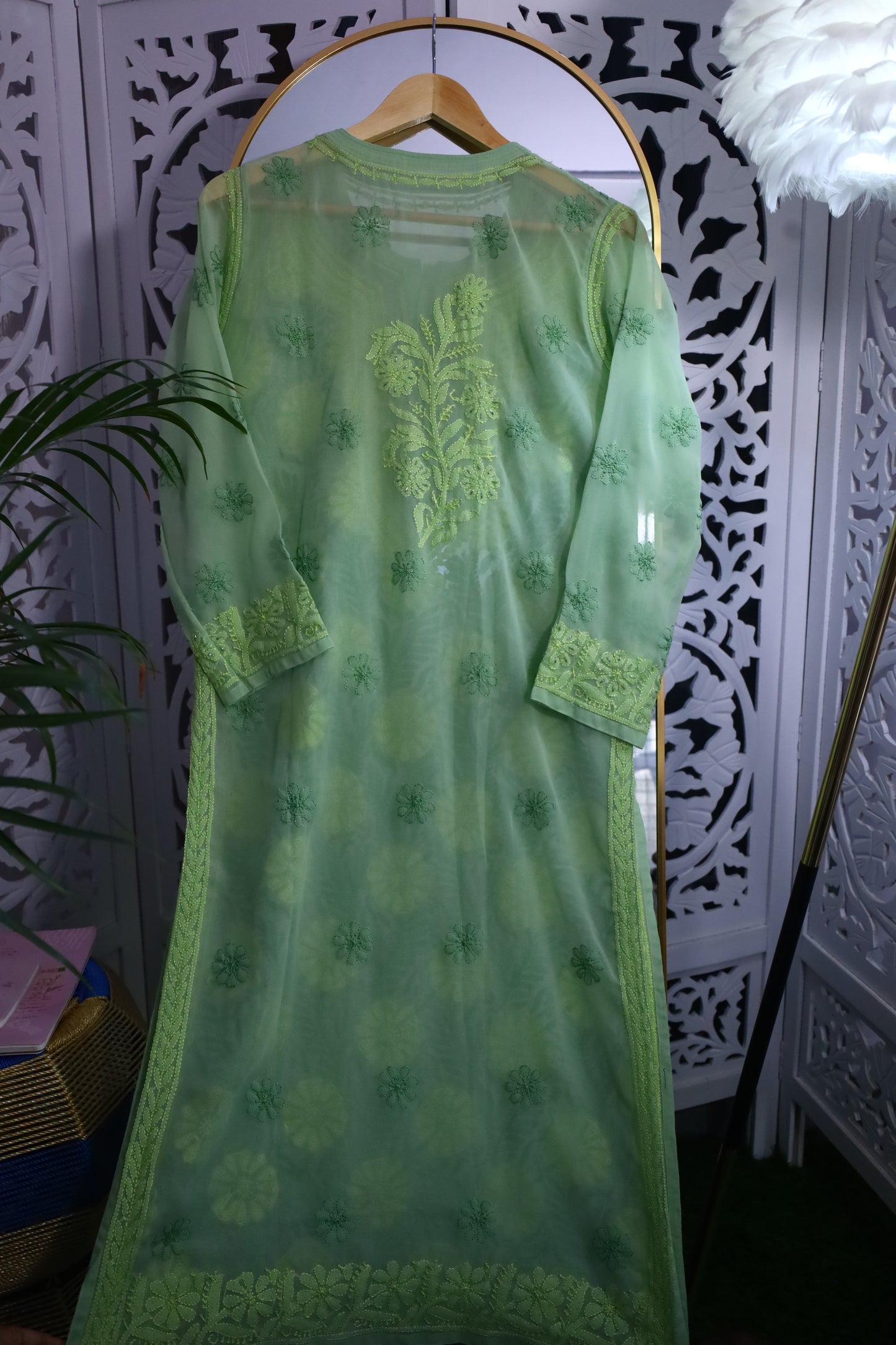 FAUX GEORGETTE ADD-ON RESHAM CHIKANKARI KURTA- PASTEL GREEN