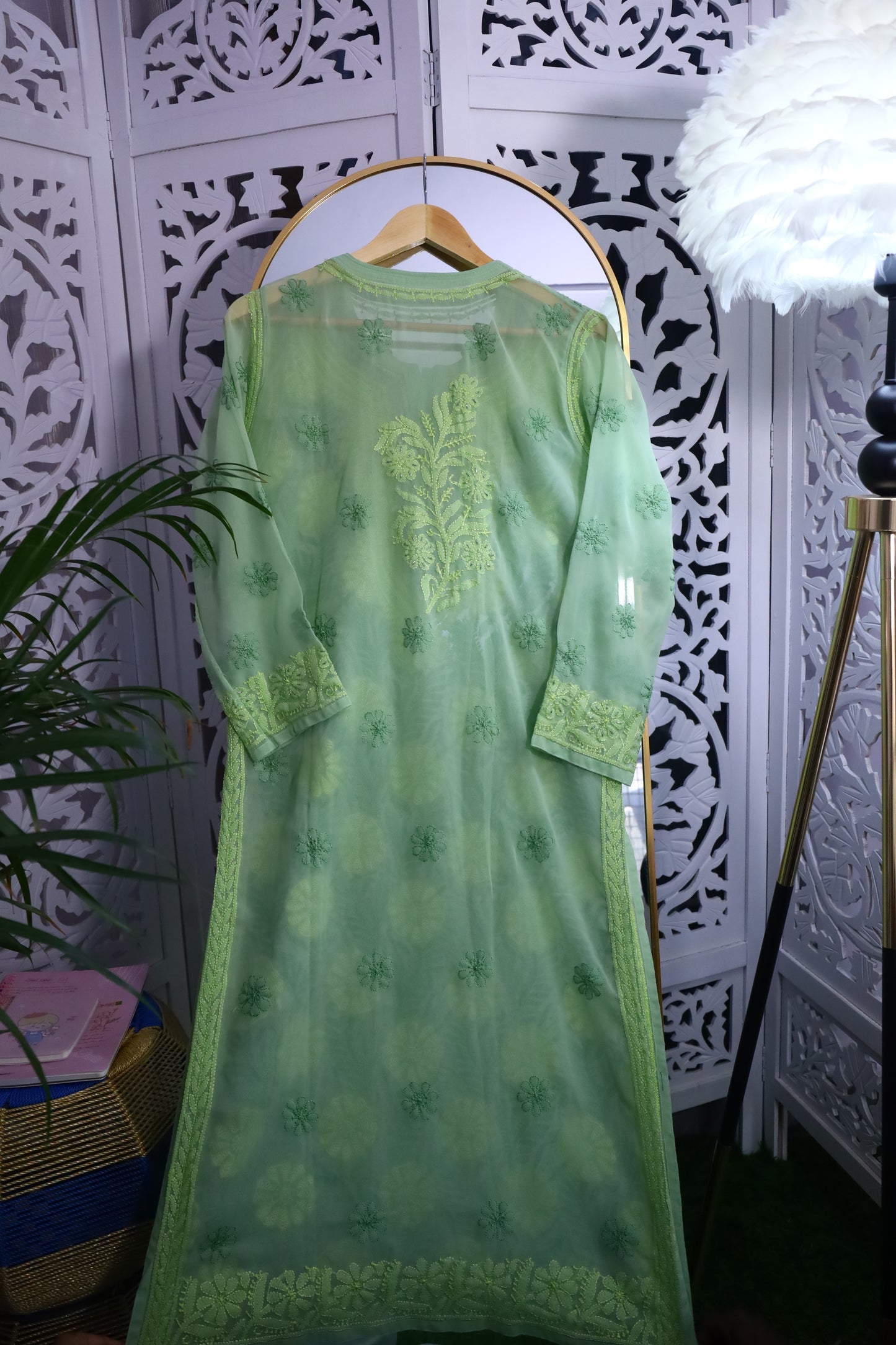 FAUX GEORGETTE ADD-ON RESHAM CHIKANKARI KURTA- PASTEL GREEN