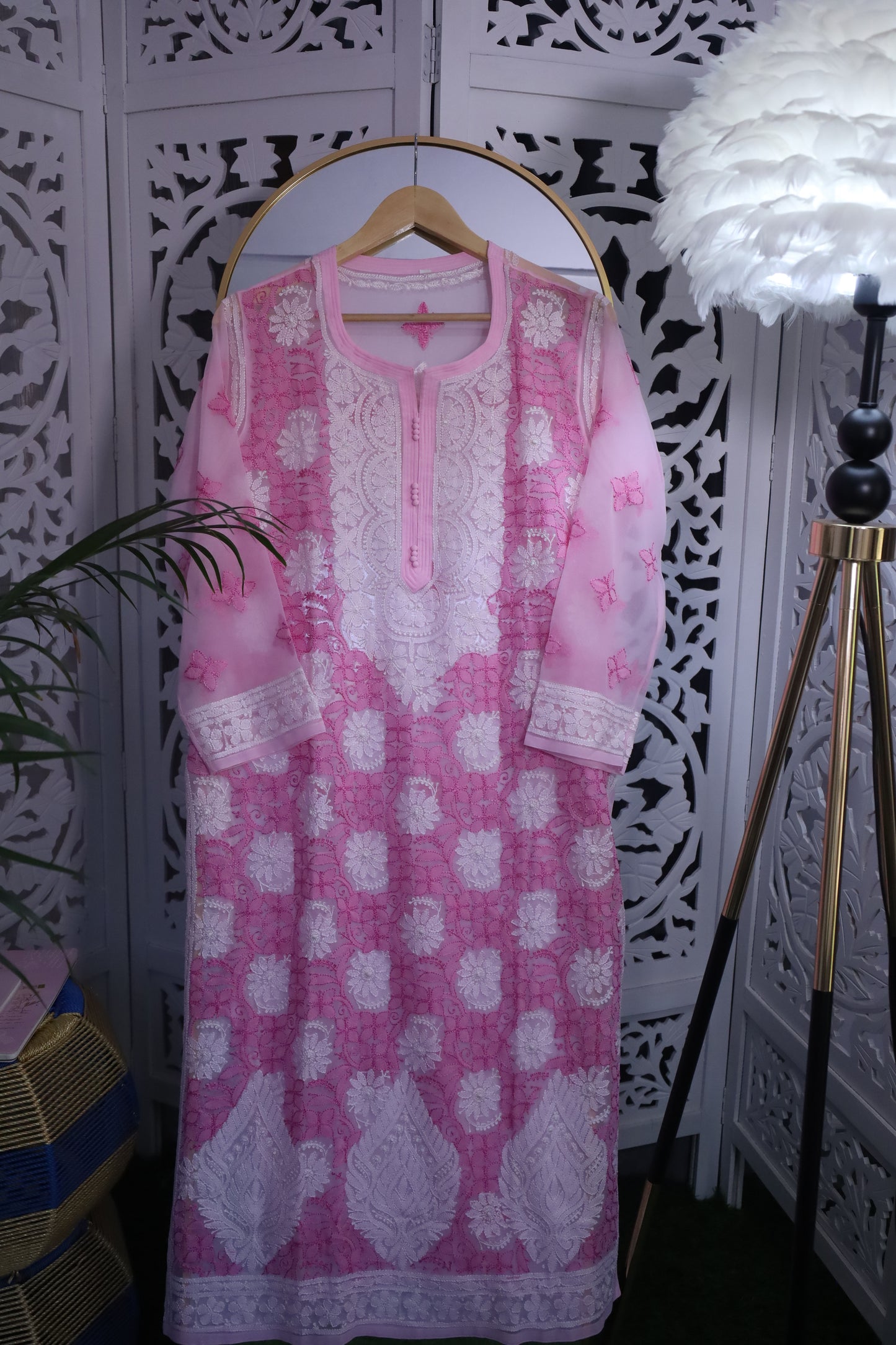FAUX GEORGETTE RESHAM CHIKANKARI KURTA- BABY PINK