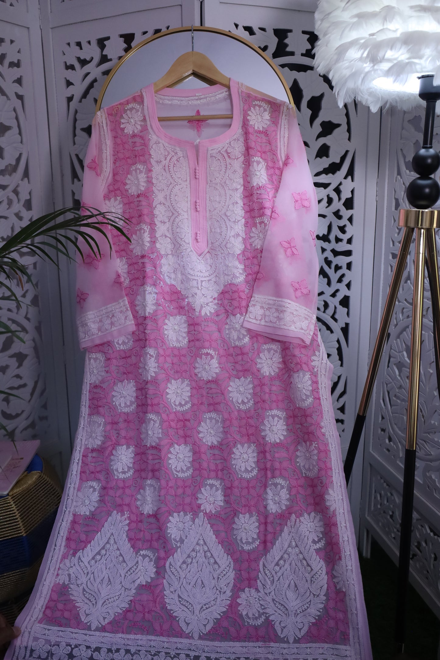 FAUX GEORGETTE RESHAM CHIKANKARI KURTA- BABY PINK