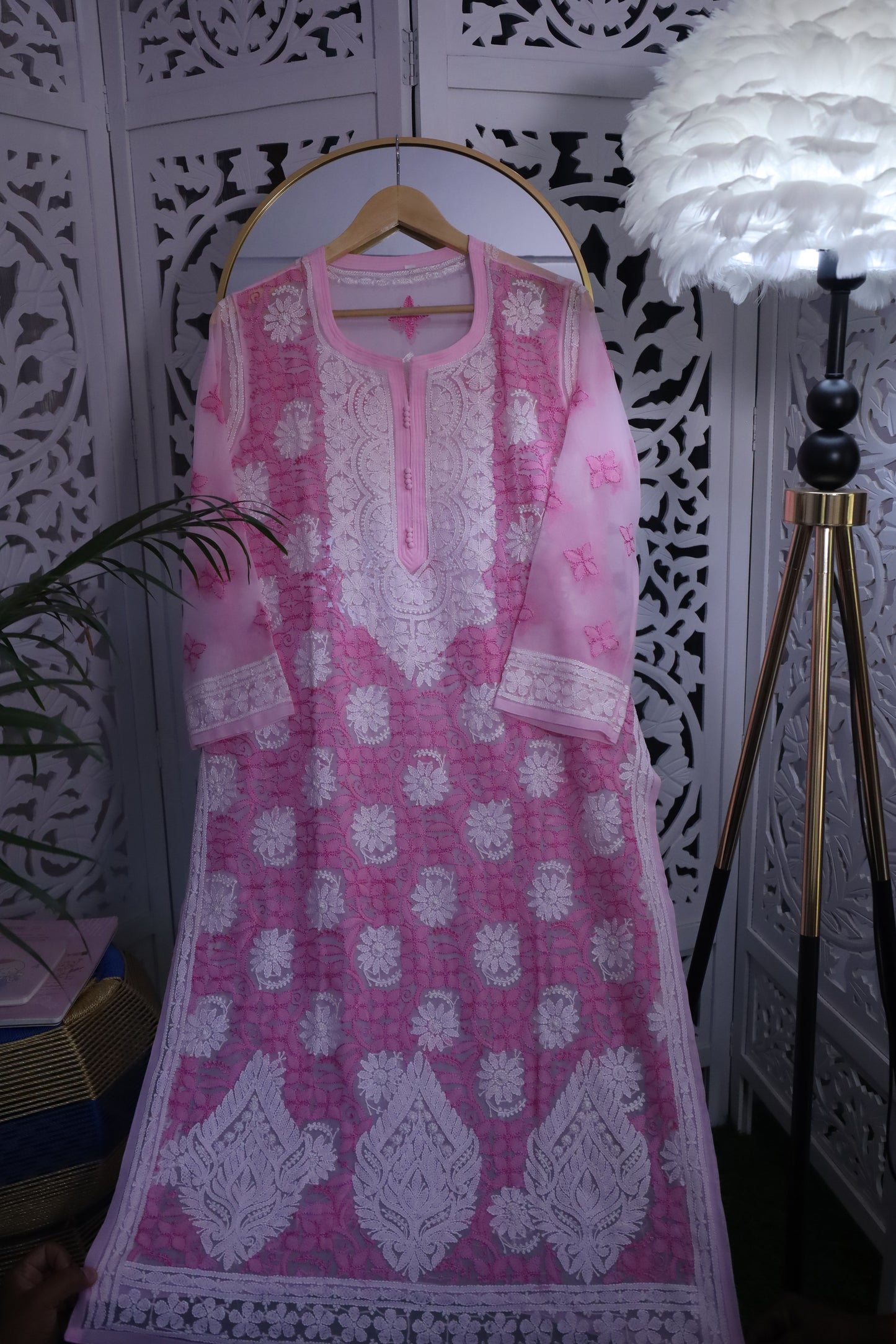 FAUX GEORGETTE RESHAM CHIKANKARI KURTA- BABY PINK