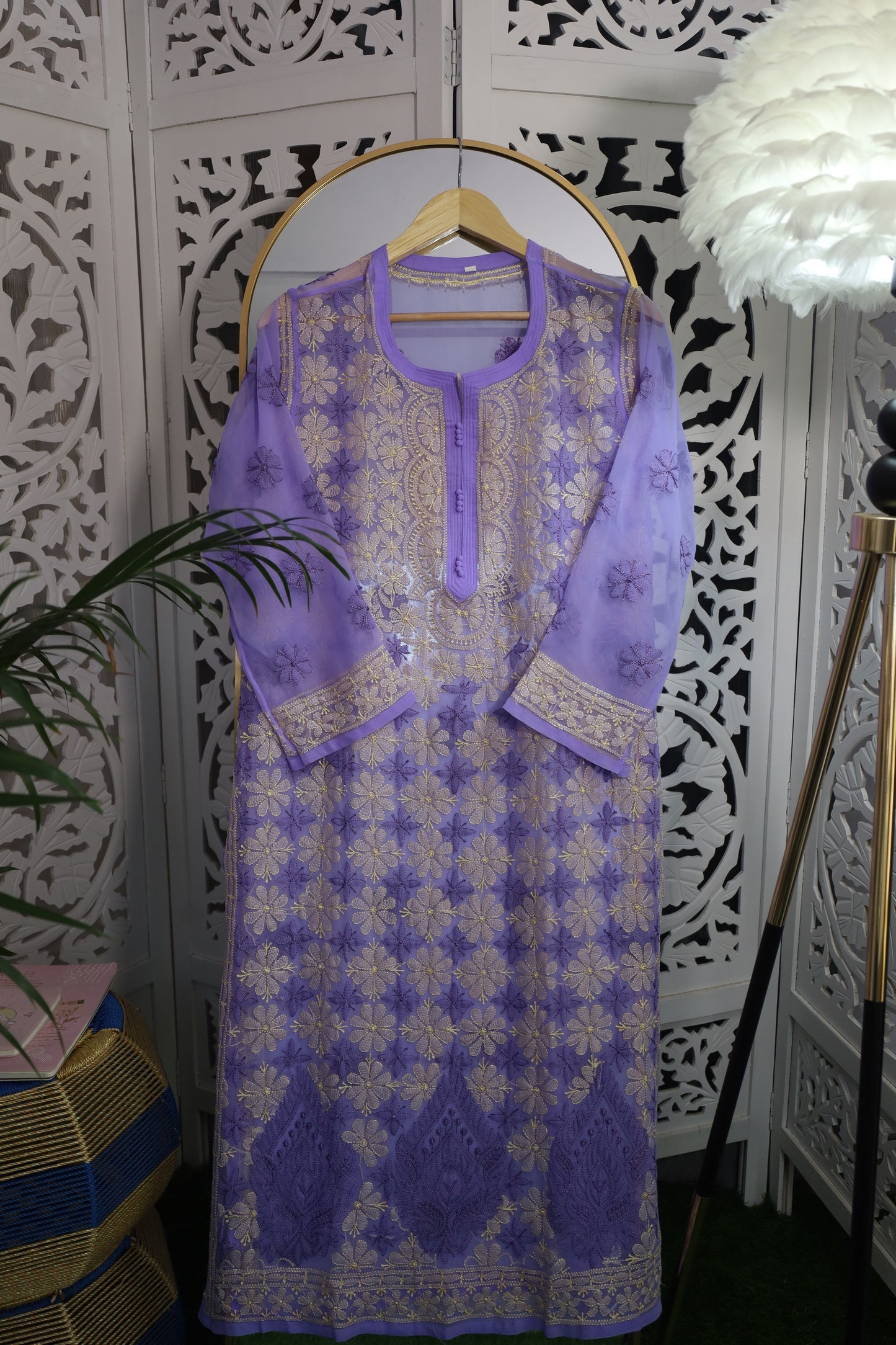 FAUX GEORGETTE RESHAM CHIKANKARI KURTA- AMETHYST PURPLE