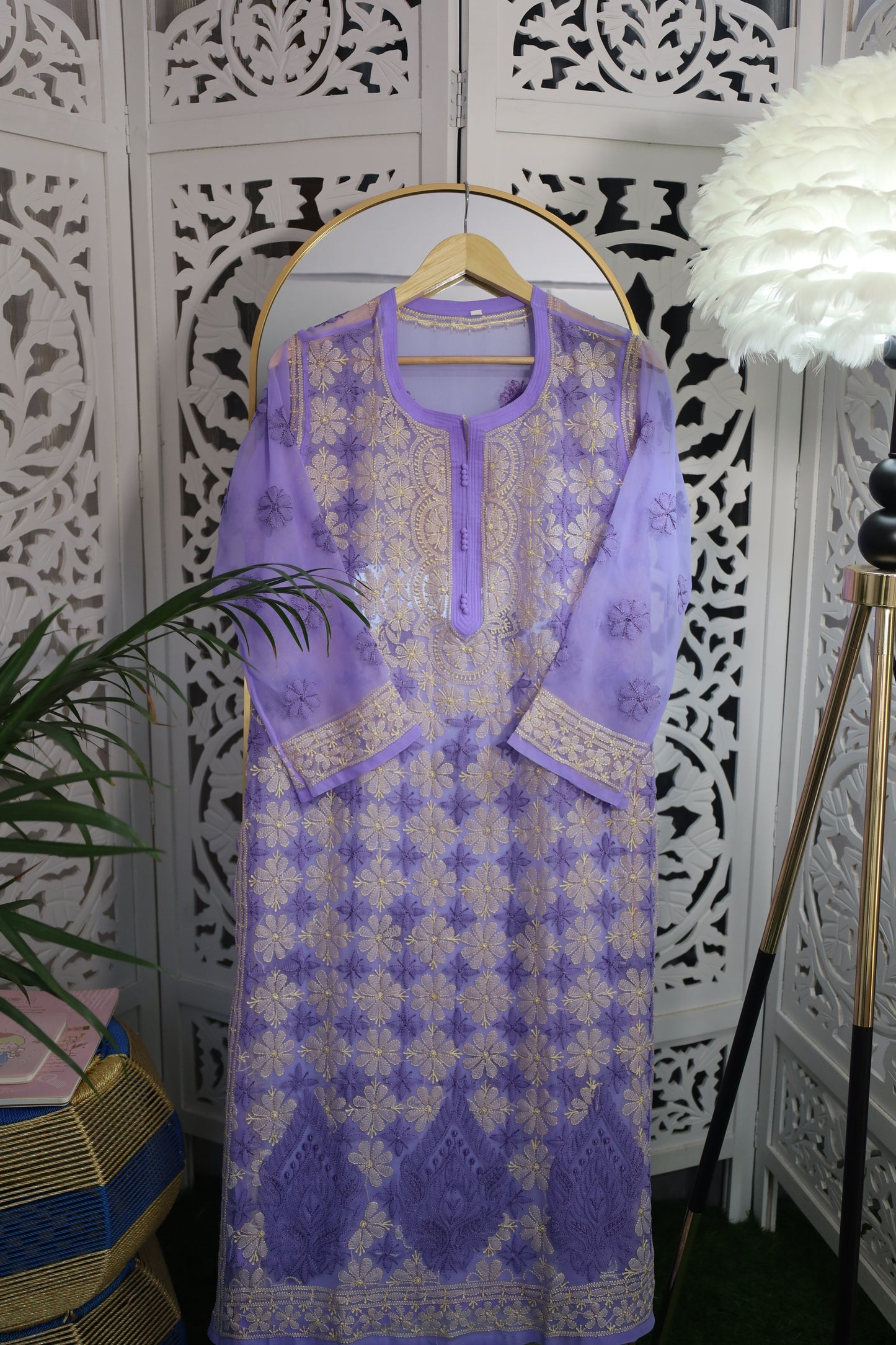 FAUX GEORGETTE RESHAM CHIKANKARI KURTA- AMETHYST PURPLE