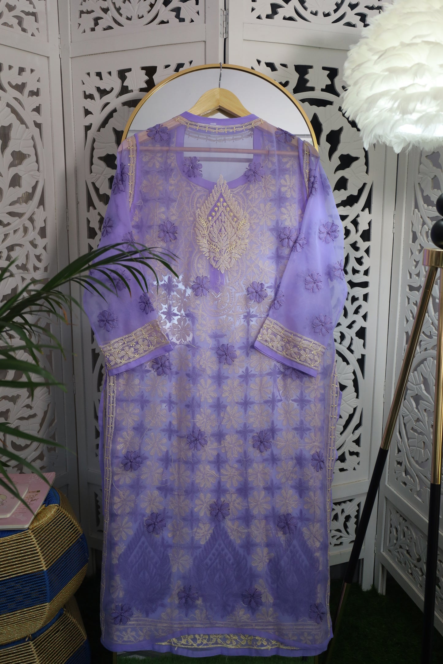 FAUX GEORGETTE RESHAM CHIKANKARI KURTA- AMETHYST PURPLE
