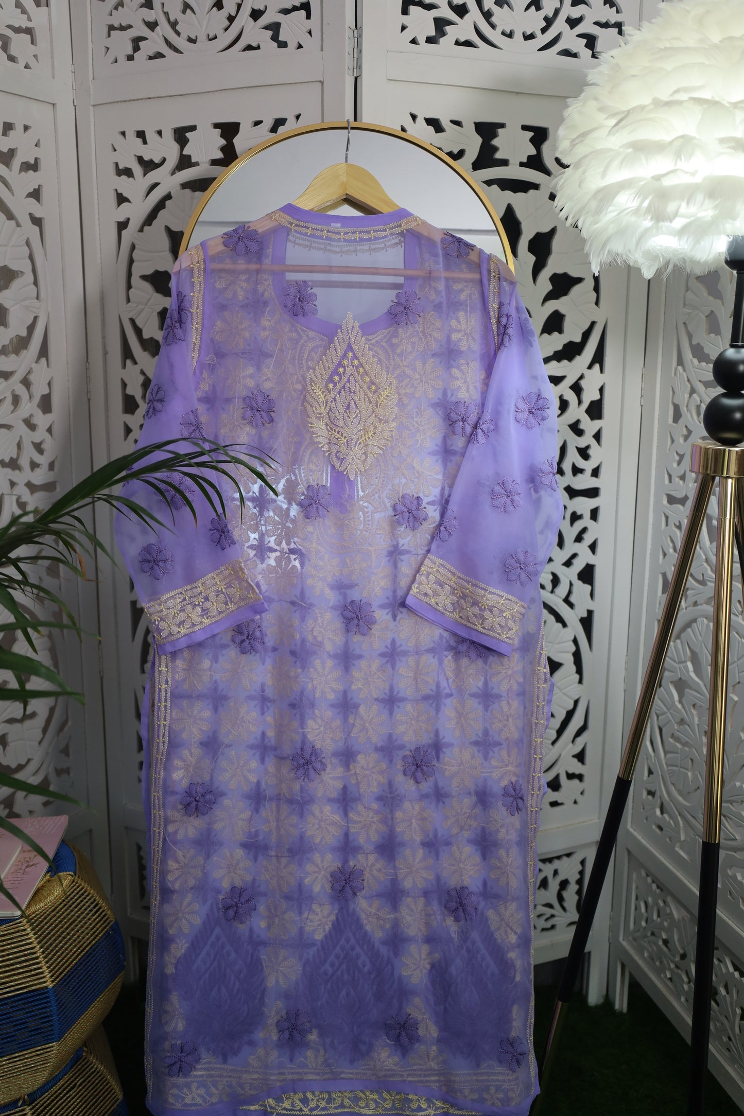 FAUX GEORGETTE RESHAM CHIKANKARI KURTA- AMETHYST PURPLE