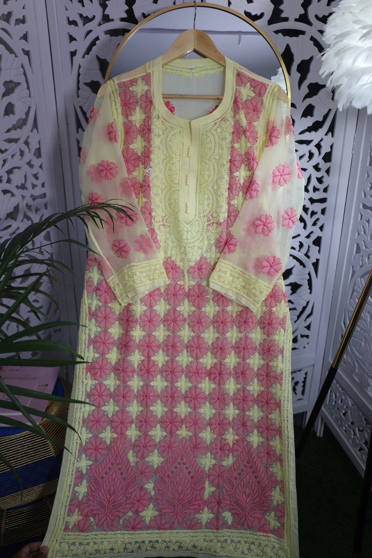 FAUX GEORGETTE RESHAM CHIKANKARI KURTA- YELLOW
