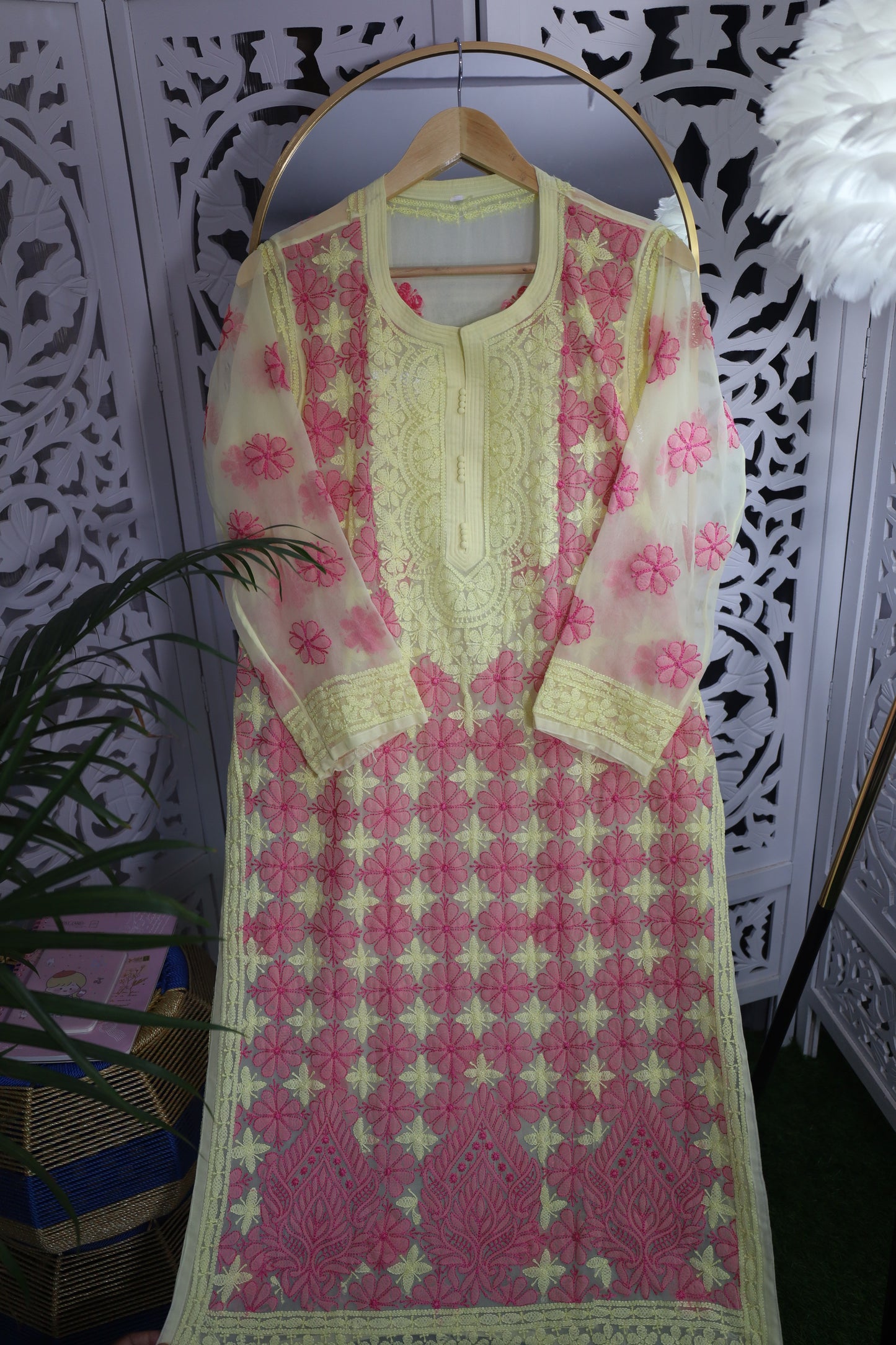 FAUX GEORGETTE RESHAM CHIKANKARI KURTA- YELLOW
