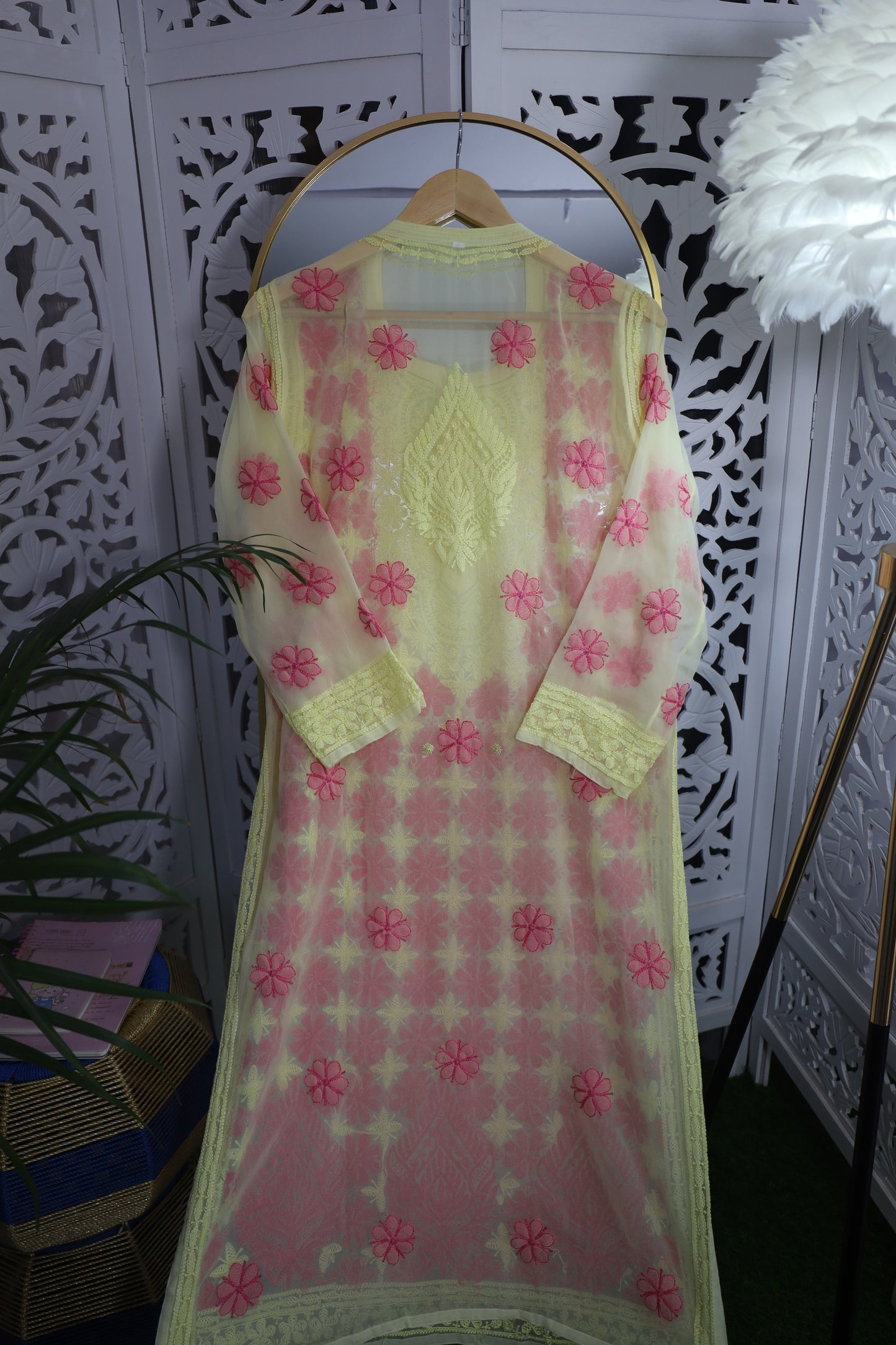 FAUX GEORGETTE RESHAM CHIKANKARI KURTA- YELLOW