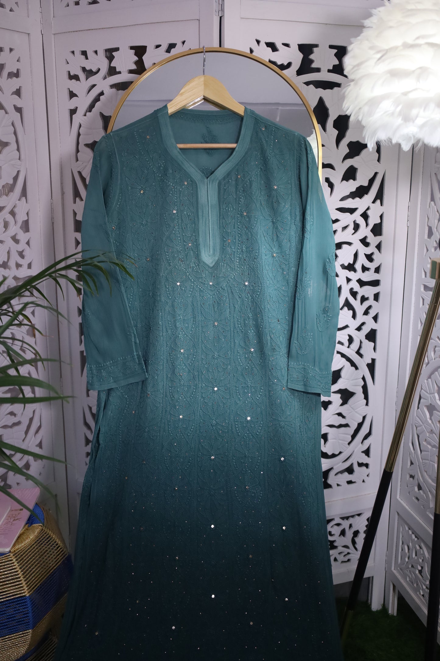 VISCOSE GEORGETTE RESHAM MUKAISH CHIKANKARI KURTA- PINE GREEN OMBRE