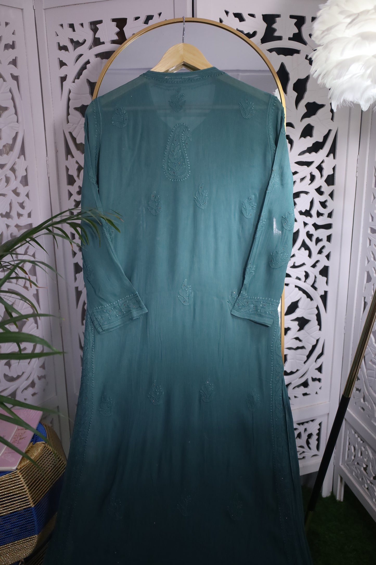 VISCOSE GEORGETTE RESHAM MUKAISH CHIKANKARI KURTA- PINE GREEN OMBRE