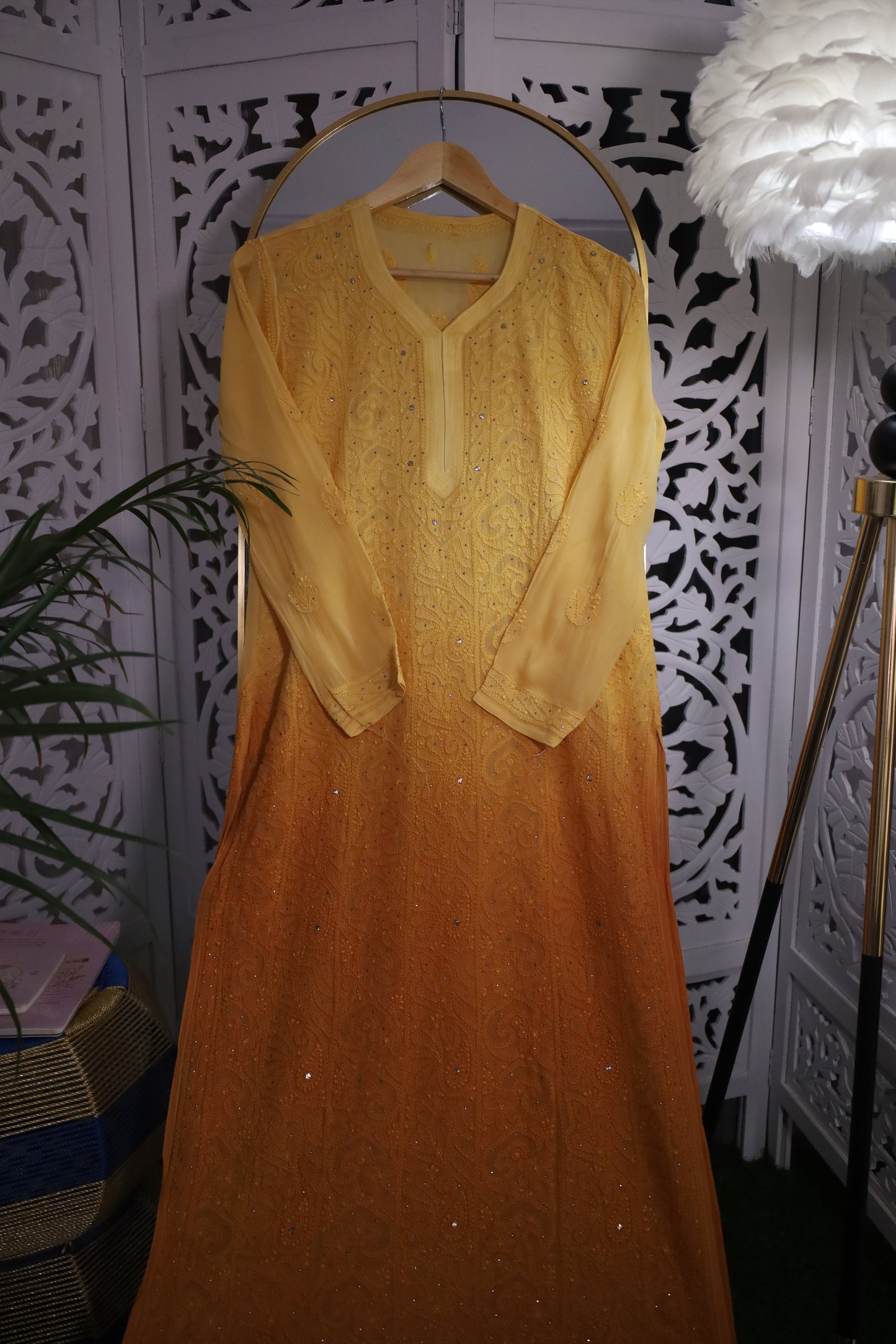 VISCOSE GEORGETTE RESHAM MUKAISH CHIKANKARI KURTA- YELLOW OMBRE