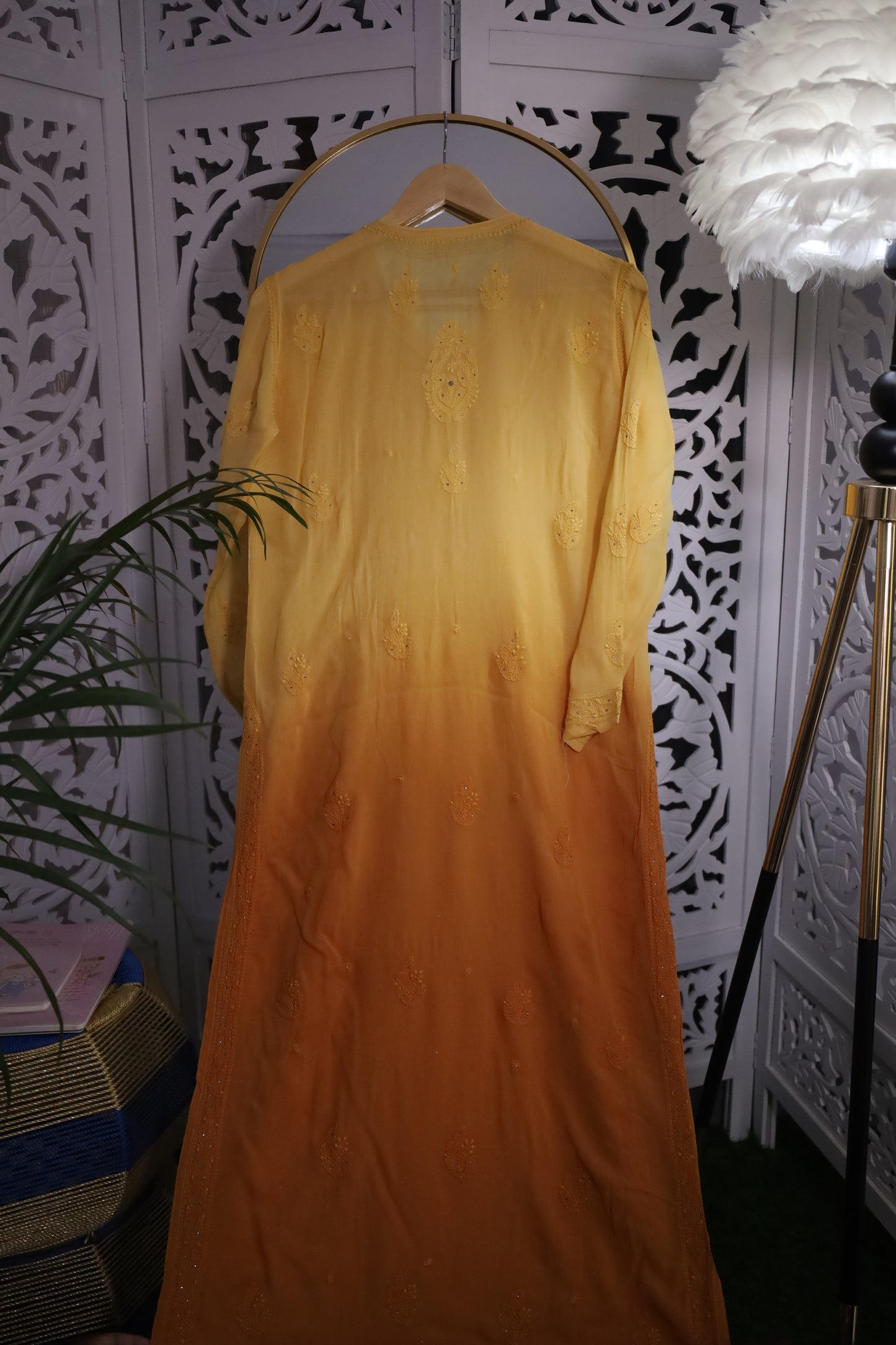VISCOSE GEORGETTE RESHAM MUKAISH CHIKANKARI KURTA- YELLOW OMBRE