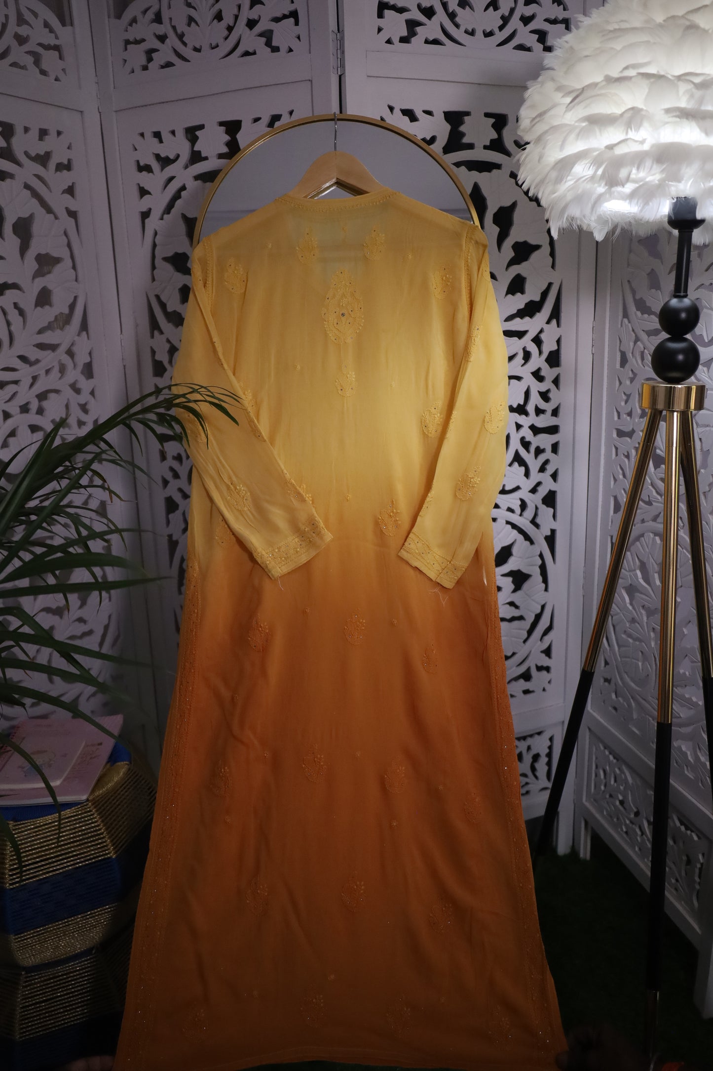 VISCOSE GEORGETTE RESHAM MUKAISH CHIKANKARI KURTA- YELLOW OMBRE