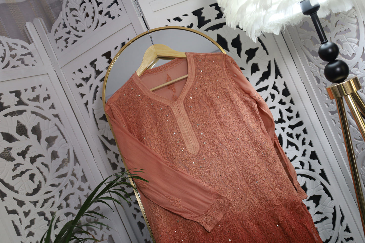 VISCOSE GEORGETTE RESHAM MUKAISH CHIKANKARI KURTA- CHESTNUT BROWN OMBRE