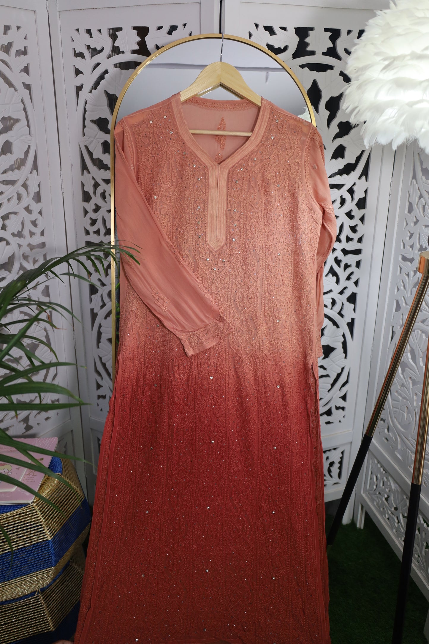 VISCOSE GEORGETTE RESHAM MUKAISH CHIKANKARI KURTA- CHESTNUT BROWN OMBRE