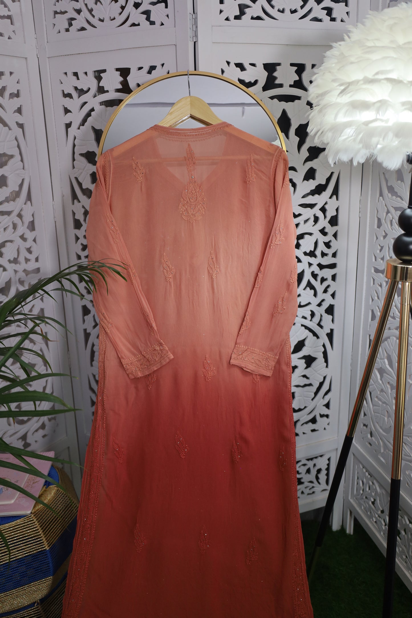 VISCOSE GEORGETTE RESHAM MUKAISH CHIKANKARI KURTA- CHESTNUT BROWN OMBRE