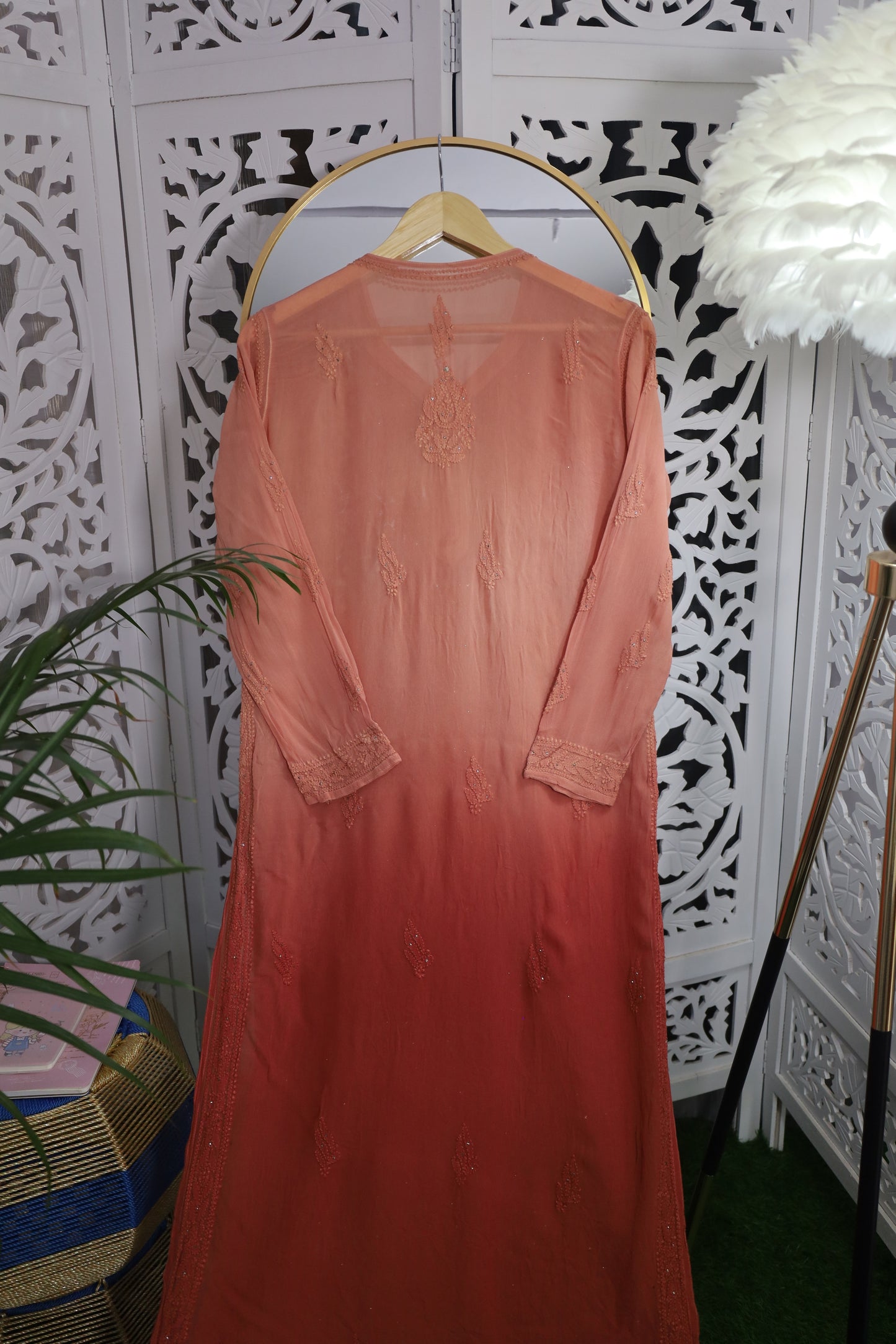 VISCOSE GEORGETTE RESHAM MUKAISH CHIKANKARI KURTA- CHESTNUT BROWN OMBRE