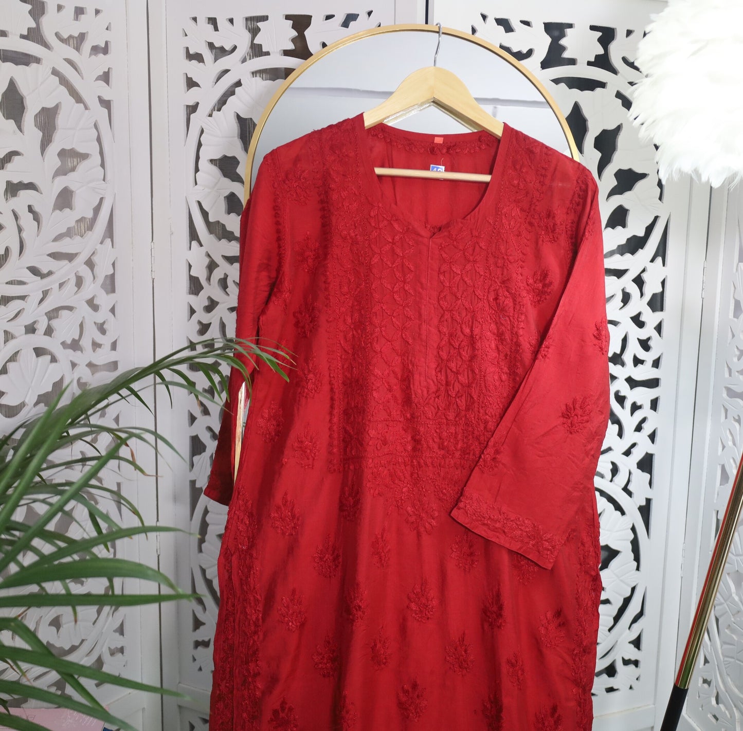 CHANDERI CHIKANKARI PALAZZO SET- DARK RED