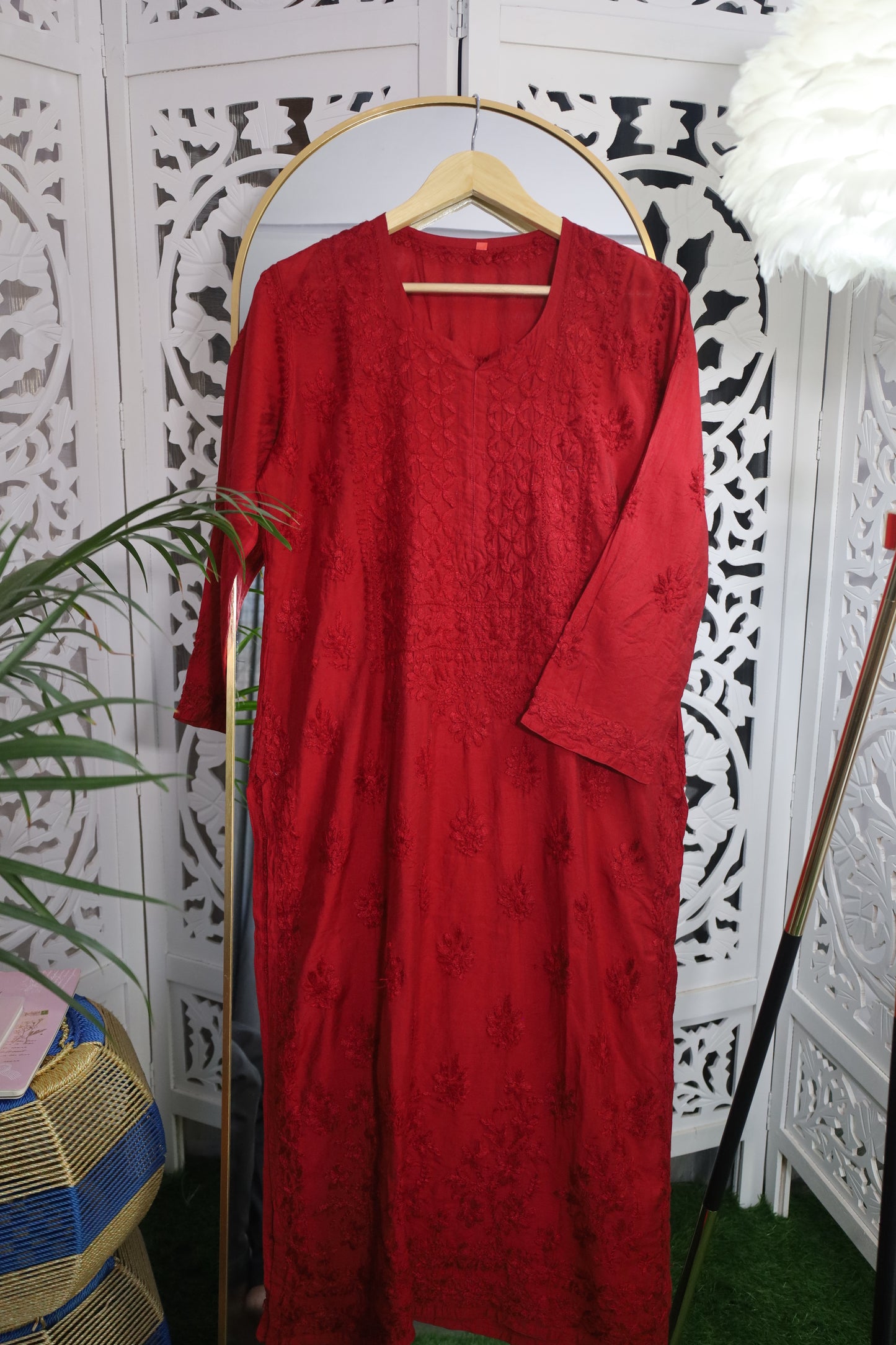 CHANDERI CHIKANKARI PALAZZO SET- DARK RED
