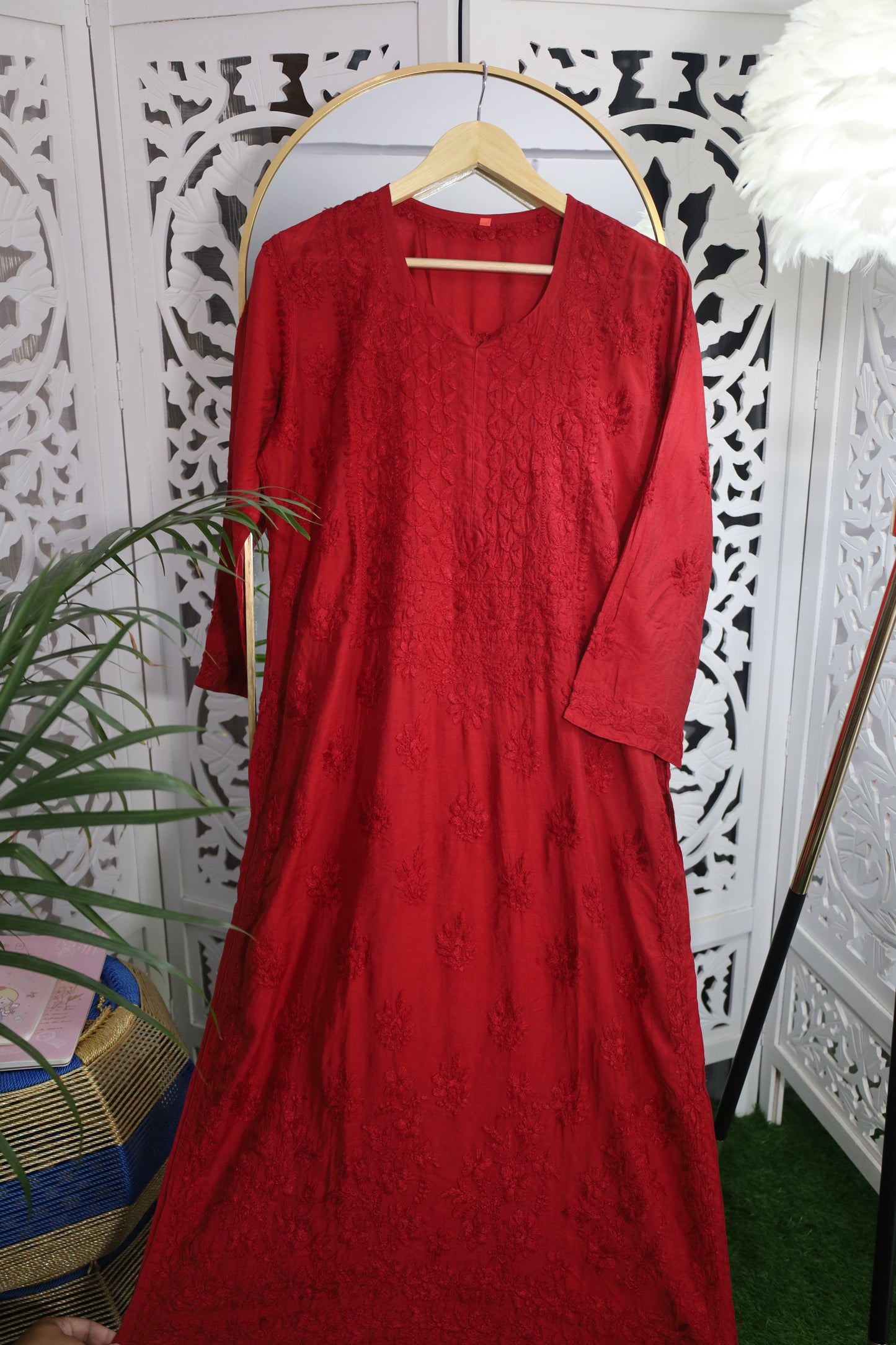 CHANDERI CHIKANKARI PALAZZO SET- DARK RED