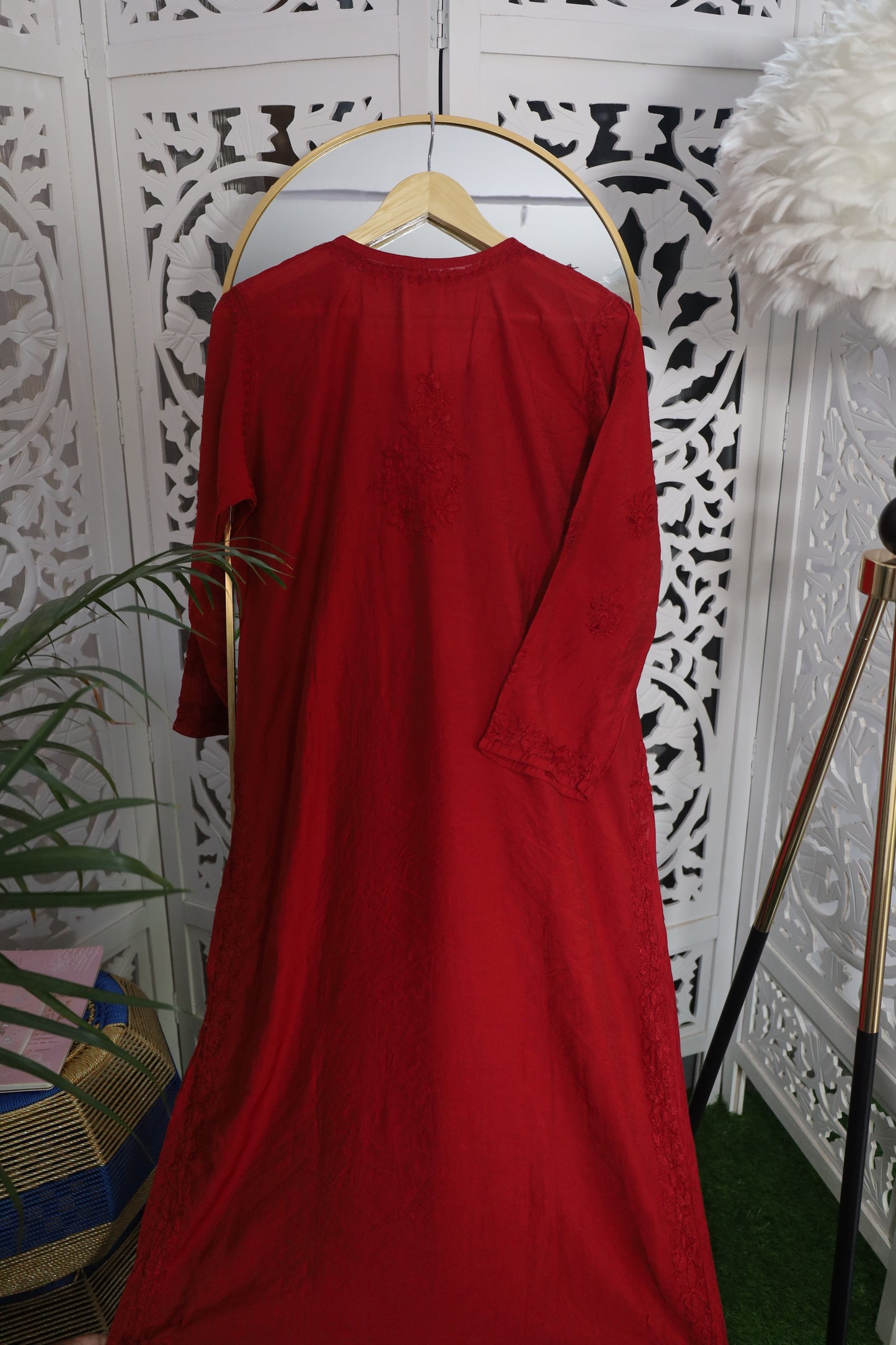 CHANDERI CHIKANKARI PALAZZO SET- DARK RED