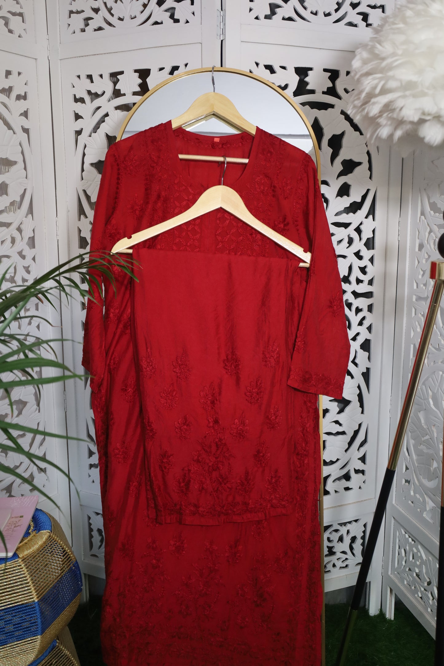CHANDERI CHIKANKARI PALAZZO SET- DARK RED