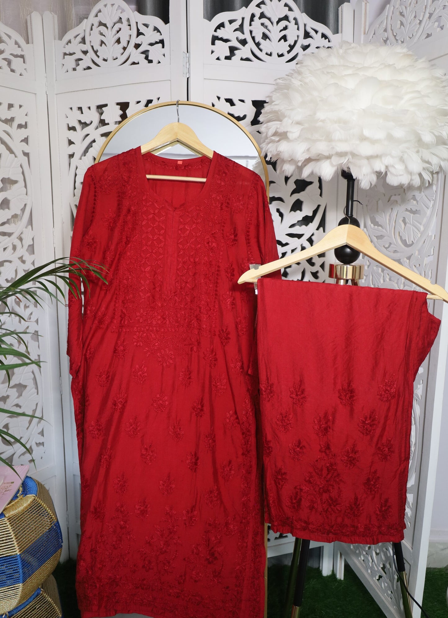 CHANDERI CHIKANKARI PALAZZO SET- DARK RED