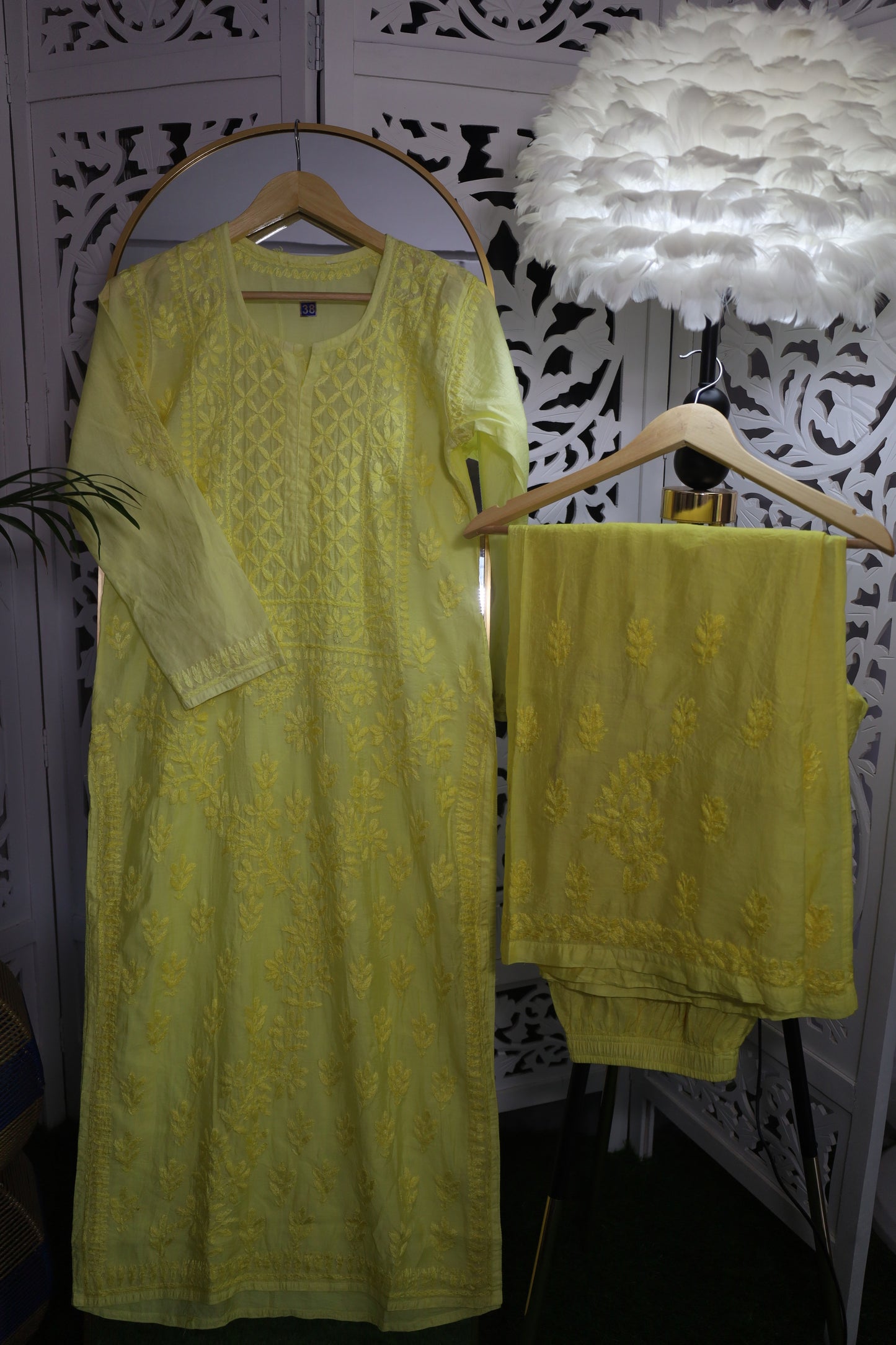 CHANDERI CHIKANKARI PALAZZO SET- LEMON GREEN