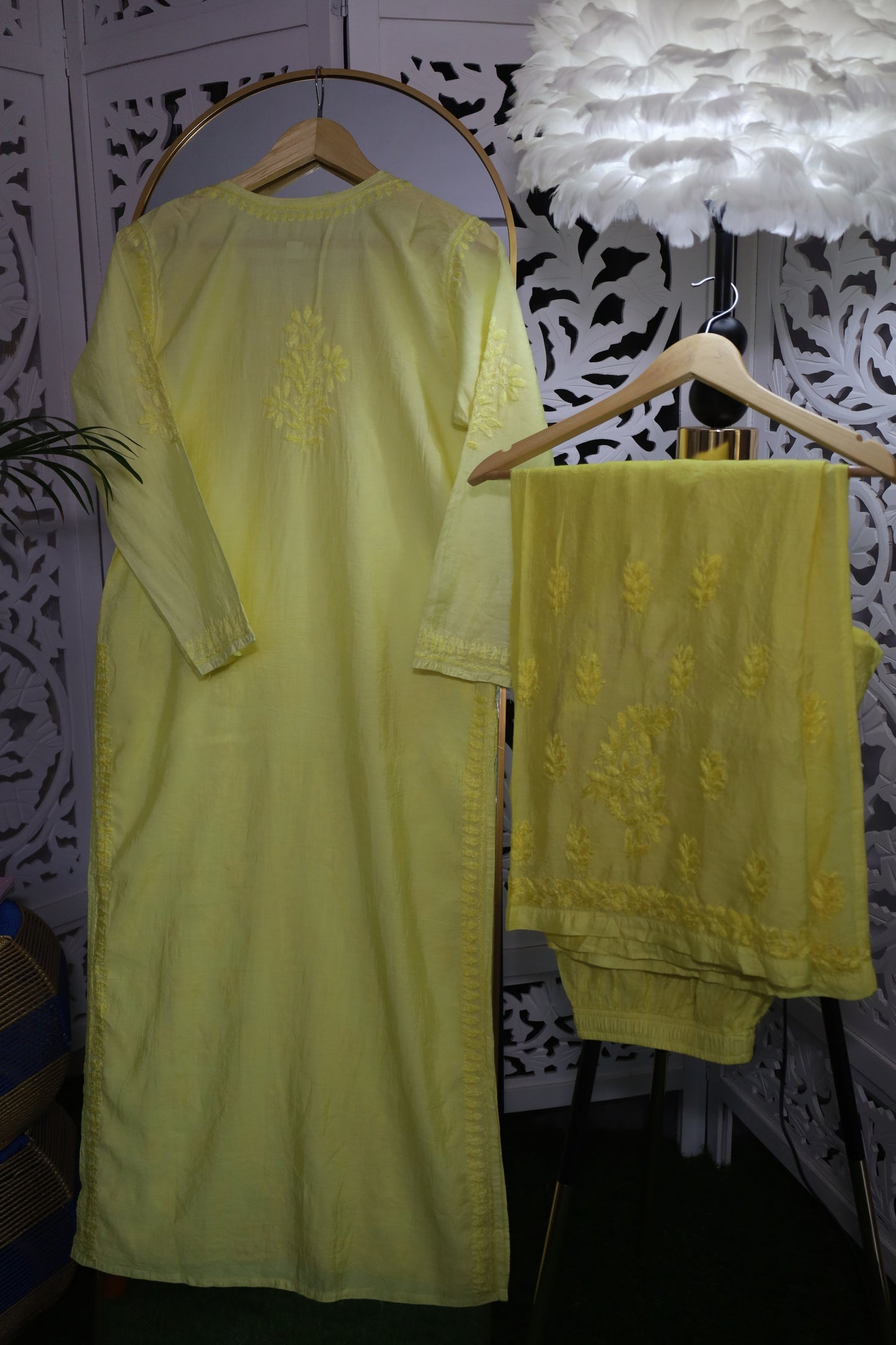 CHANDERI CHIKANKARI PALAZZO SET- LEMON GREEN